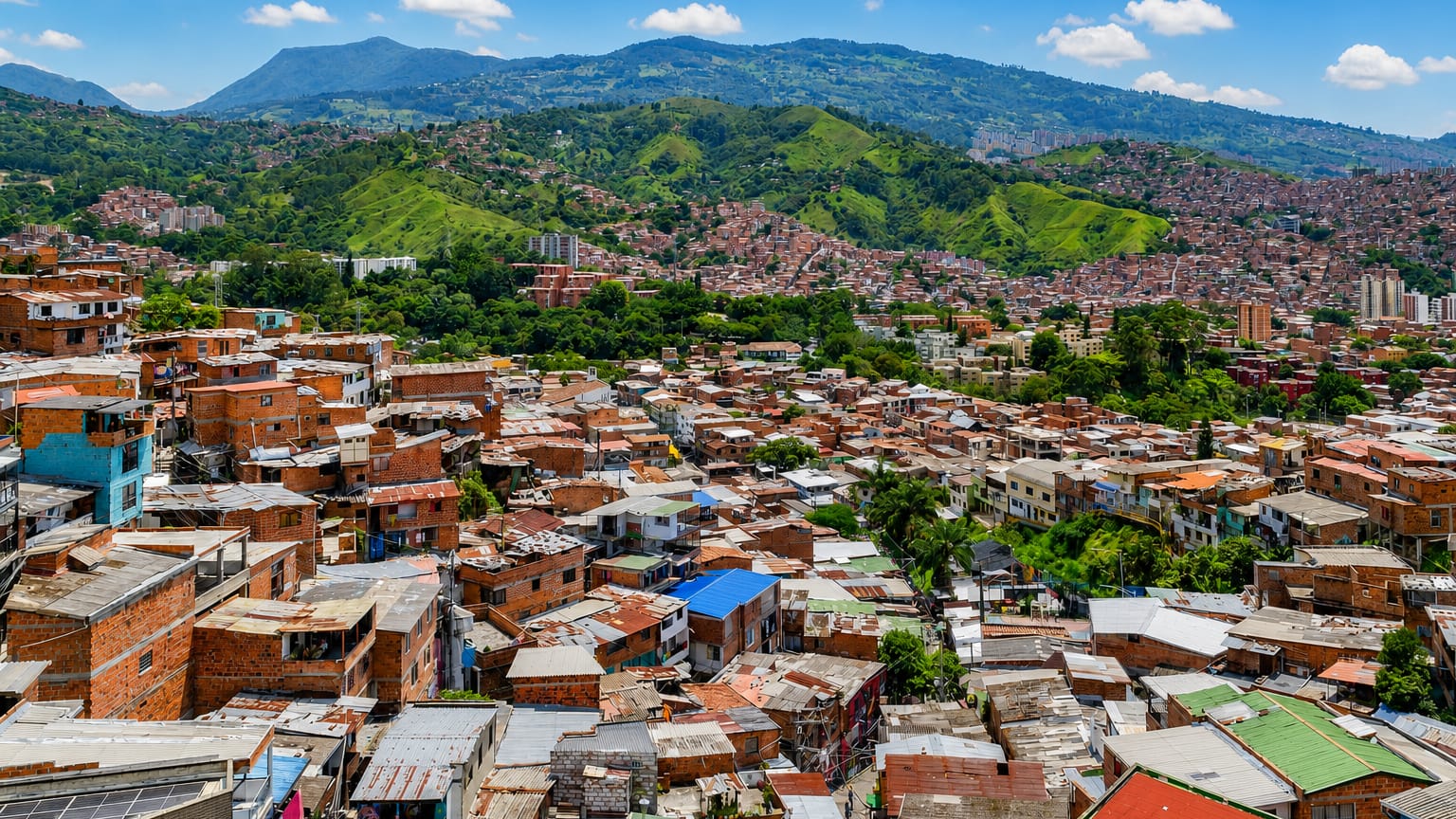 Dense hillside barrio of red-brick houses climbing green mountains in San Javier, Medellin