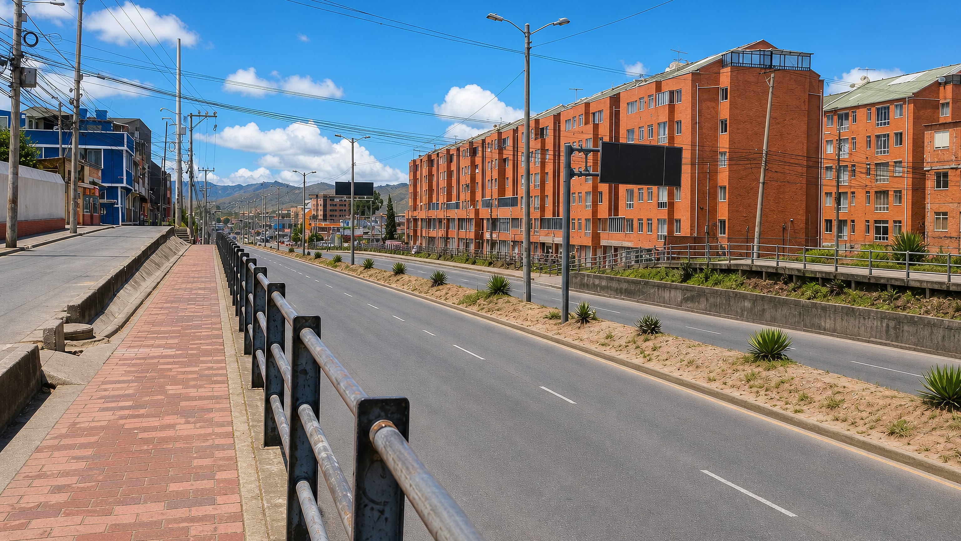 Wide avenue through Soacha, Colombia, lined with red-brick apartment blocks below the Andean hills.
