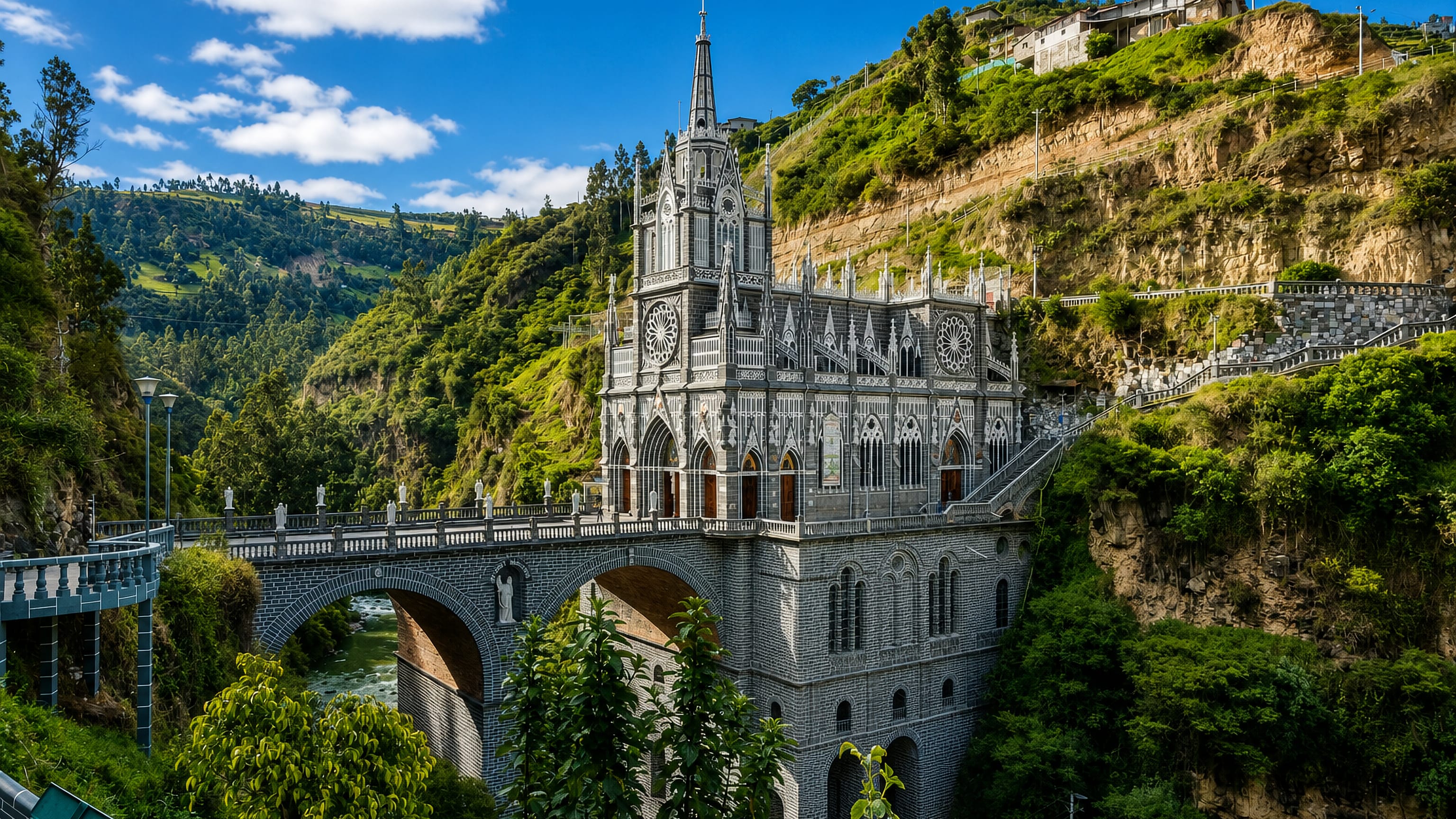 Las Lajas Sanctuary spanning the Guáitara gorge on its stone bridge outside Ipiales, Colombia.
