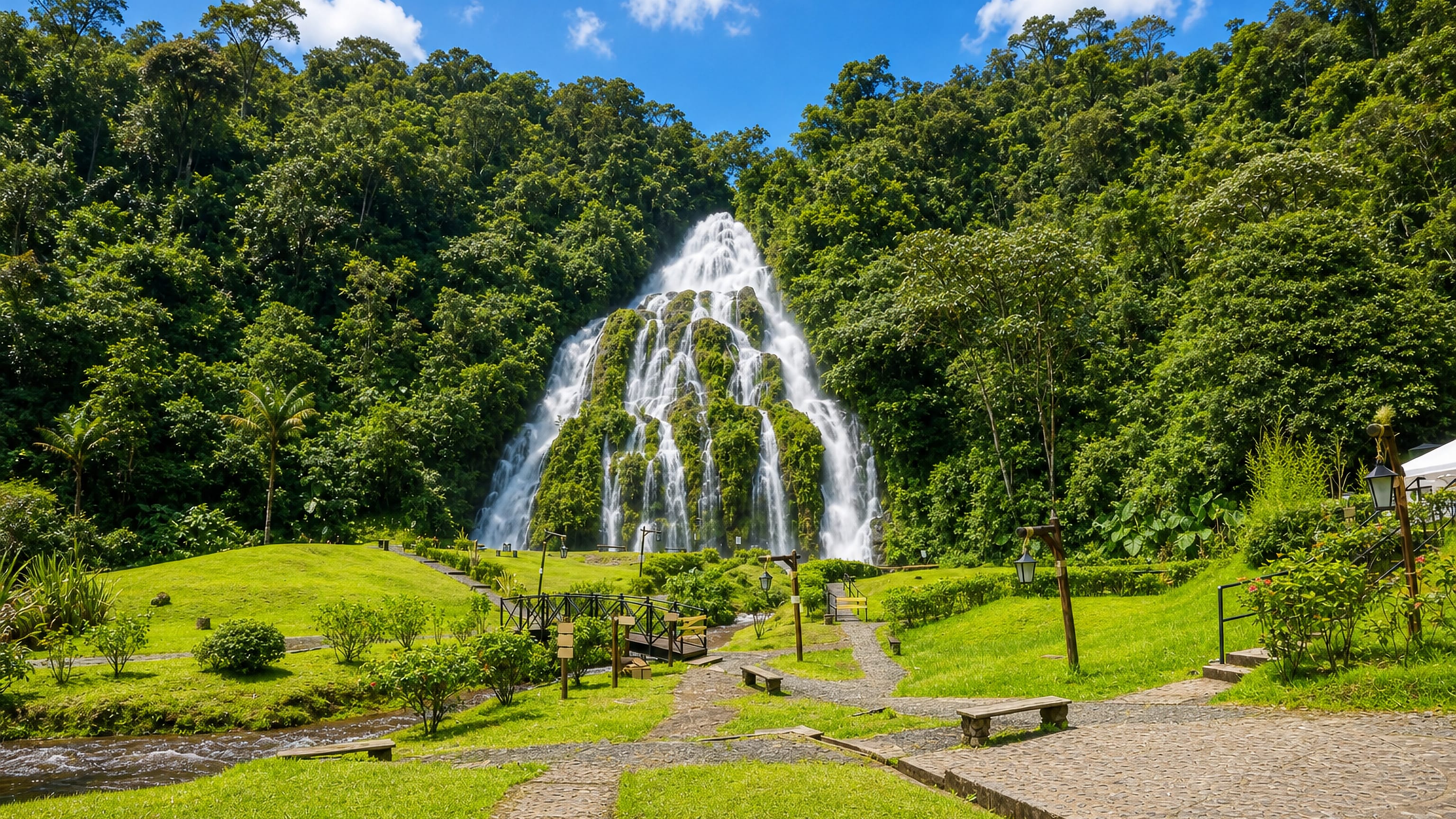 The fan-shaped thermal springs waterfall in its landscaped park at Santa Rosa de Cabal, Colombia.