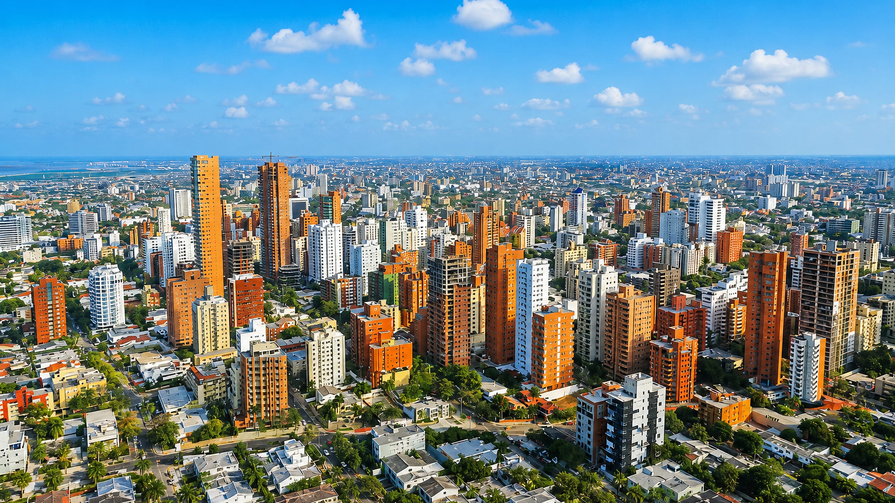 Aerial view over Barranquilla's dense brick apartment towers and palm-lined streets toward the Caribbean