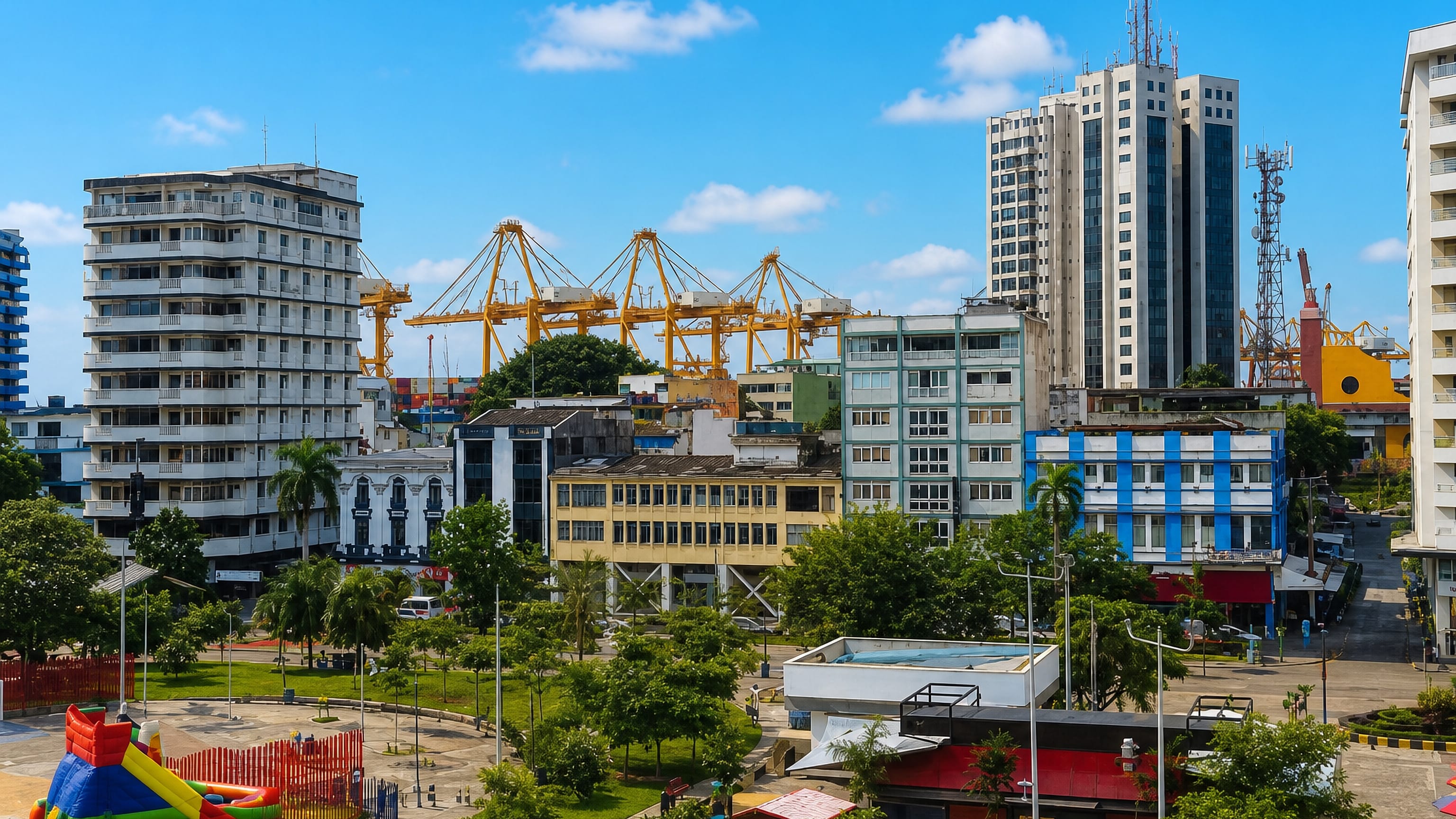 Buenaventura's tropical downtown of mid-rise blocks and palms, with yellow container cranes of the Pacific port behind