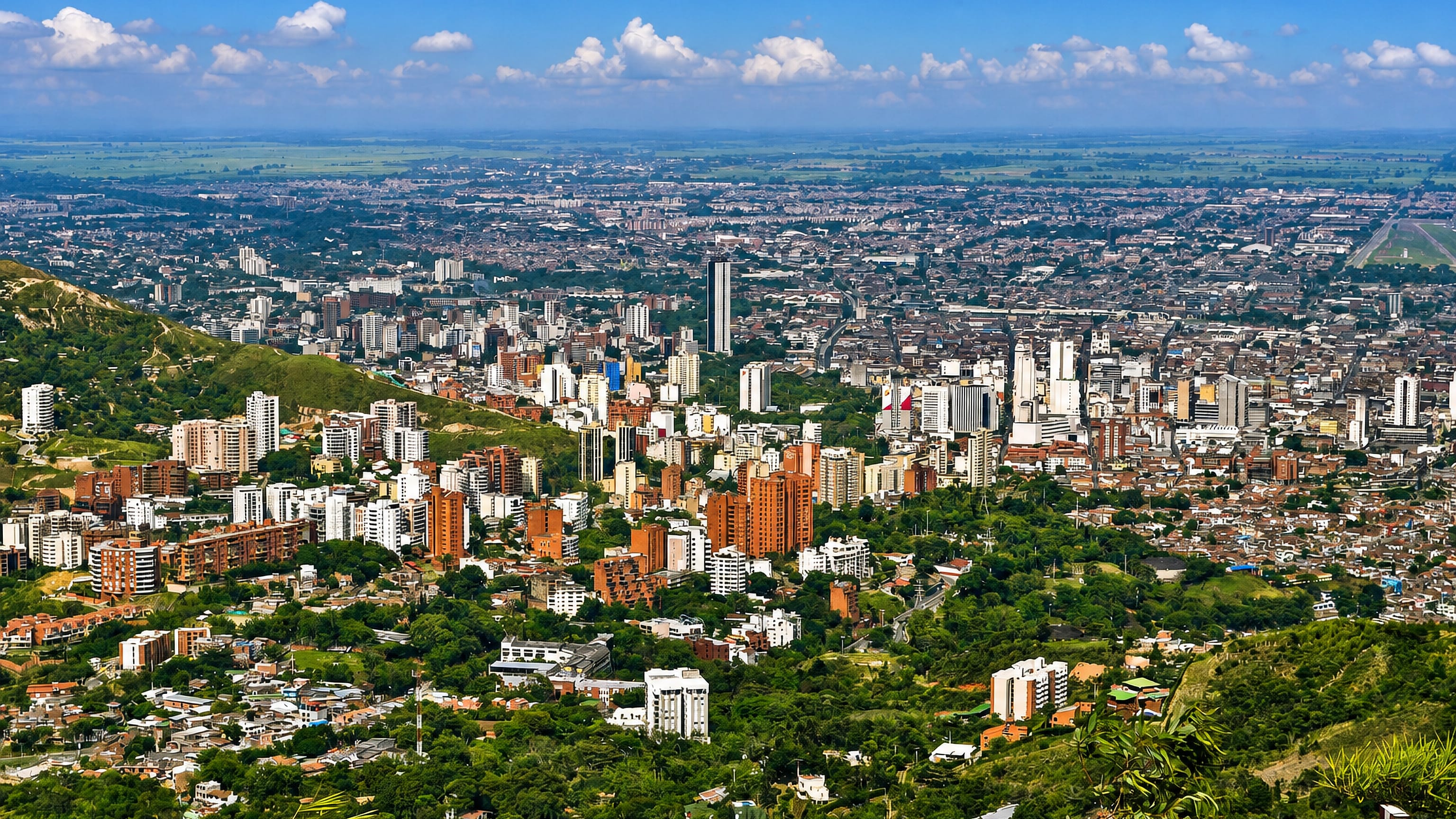 Cali spreading across the Cauca valley, seen from the green western hills of Colombia's Valle del Cauca.