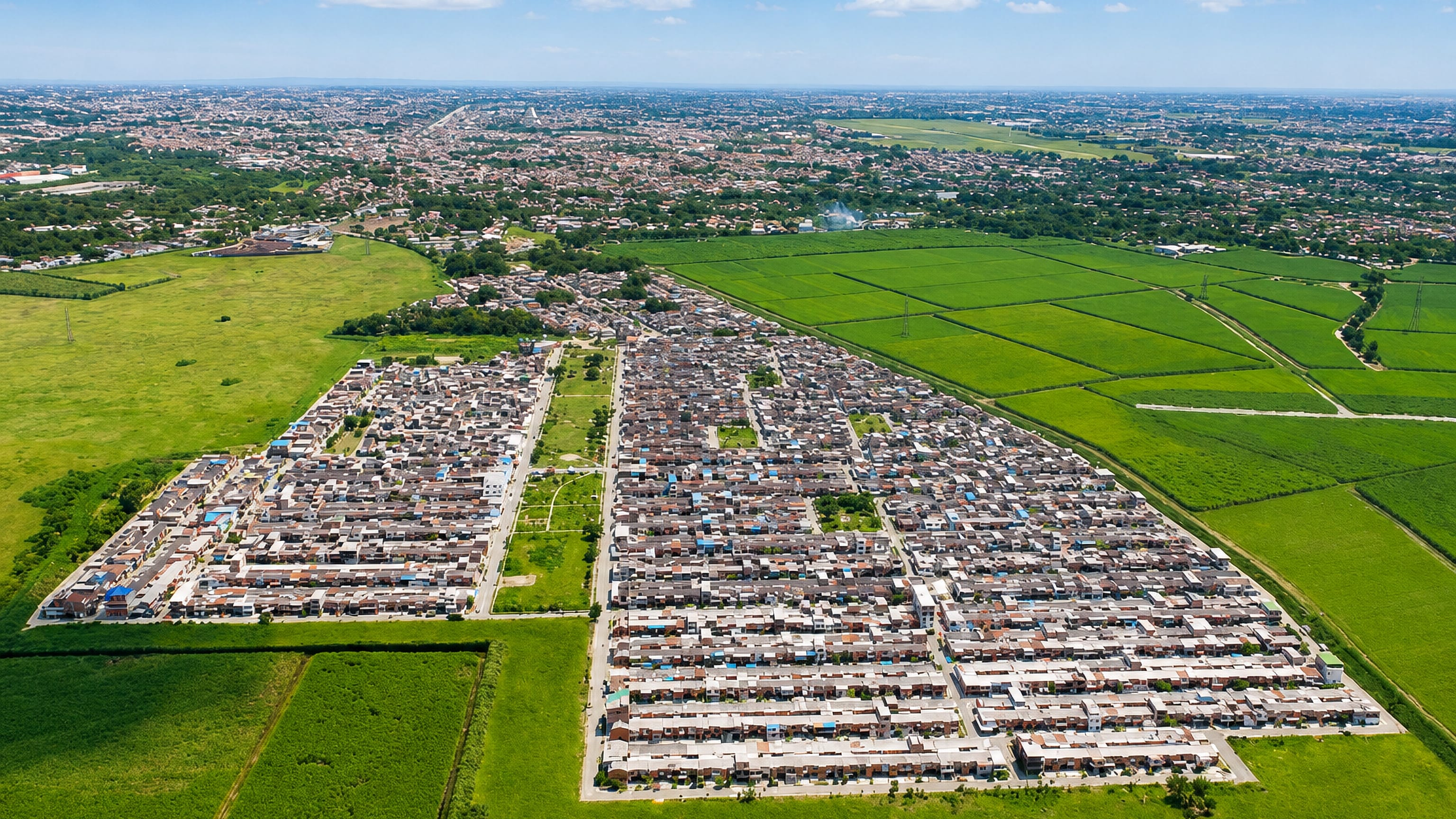 Aerial view of Palmira, Colombia, its dense housing grid ringed by the sugarcane fields of the Cauca Valley.
