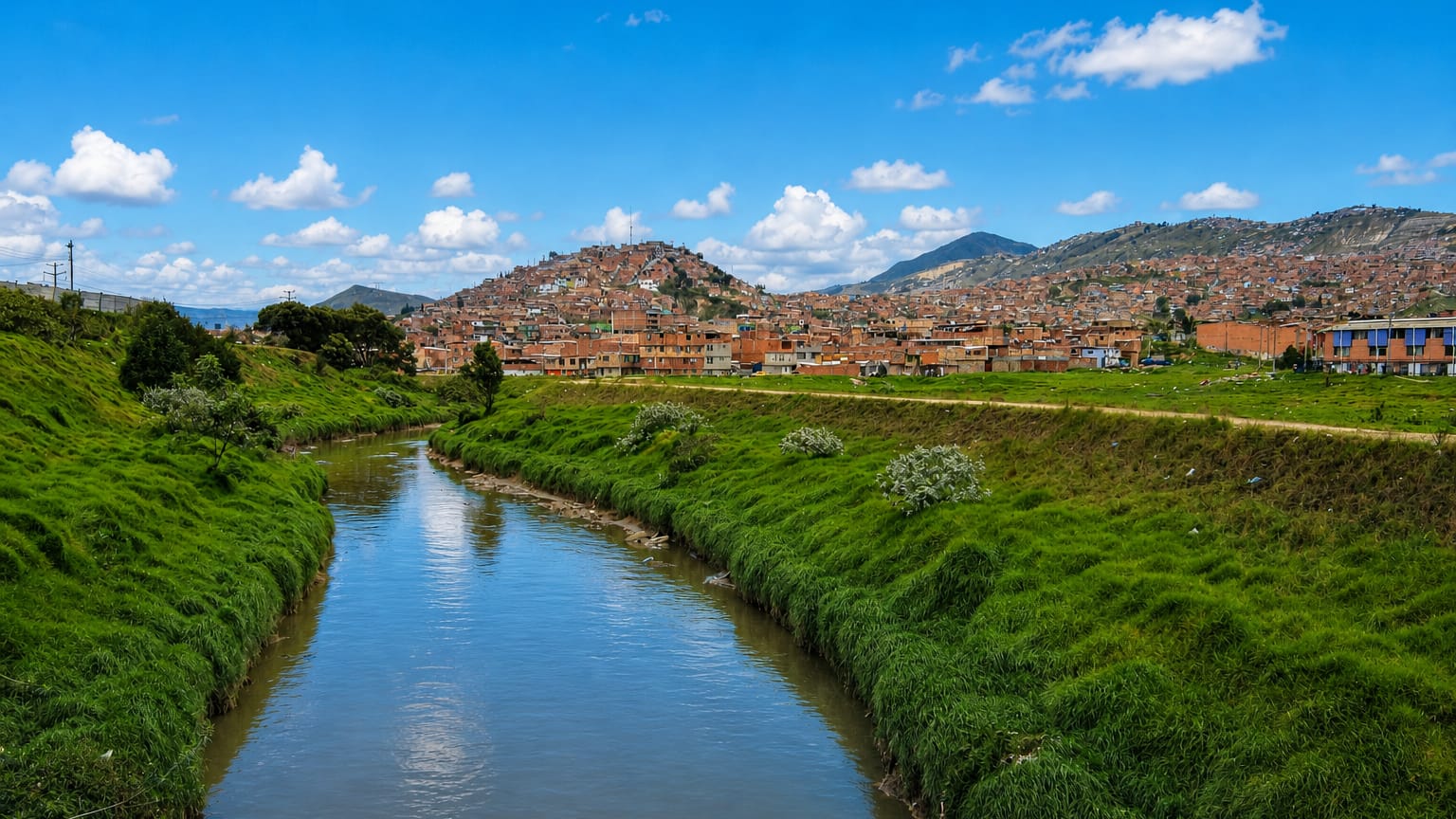 A canal winding past brick houses climbing the hillsides of the Ciudad Bolivar locality in southern Bogota