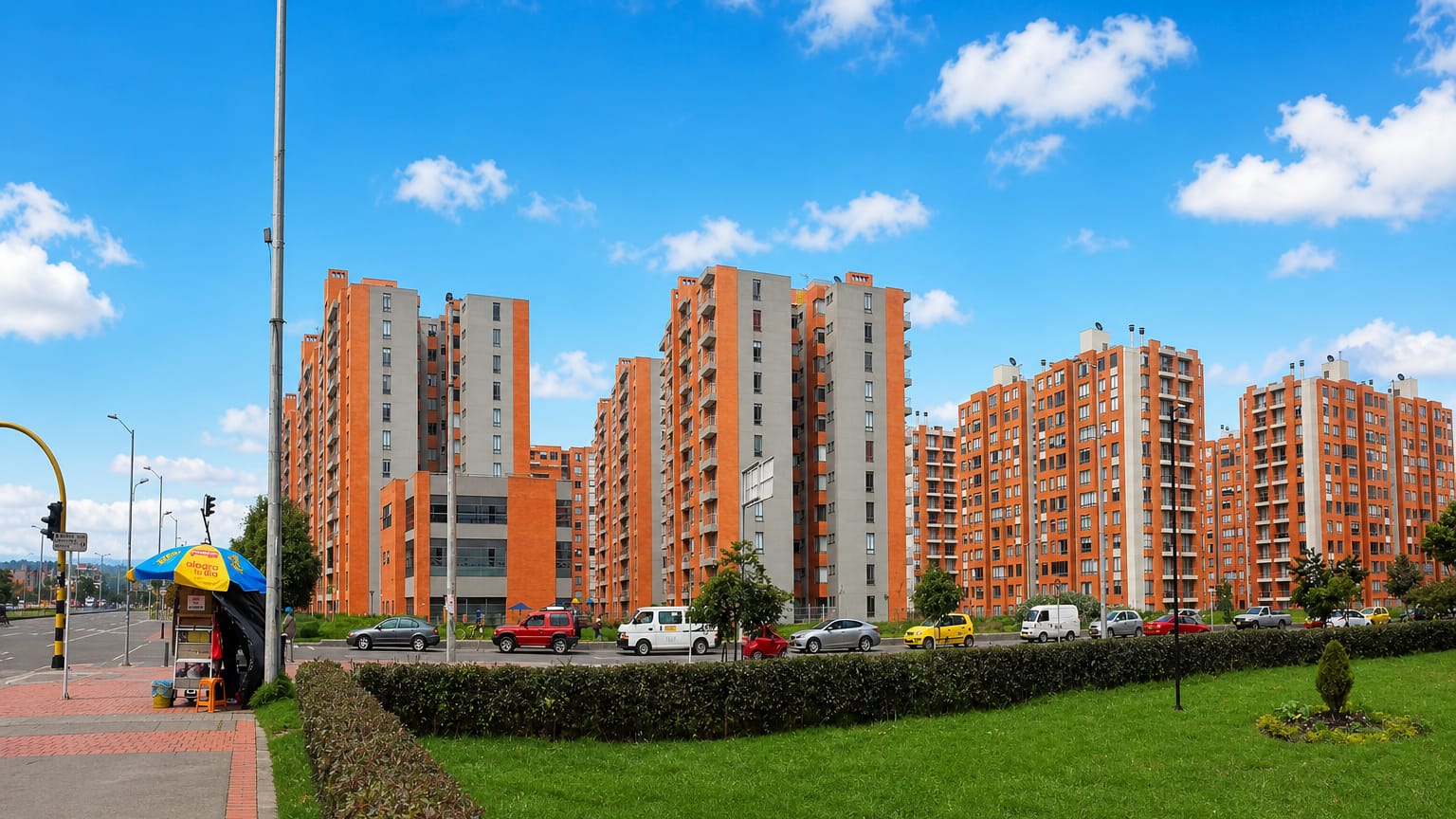 Rows of red-brick apartment towers along a landscaped boulevard in the Suba locality of Bogota under a blue sky