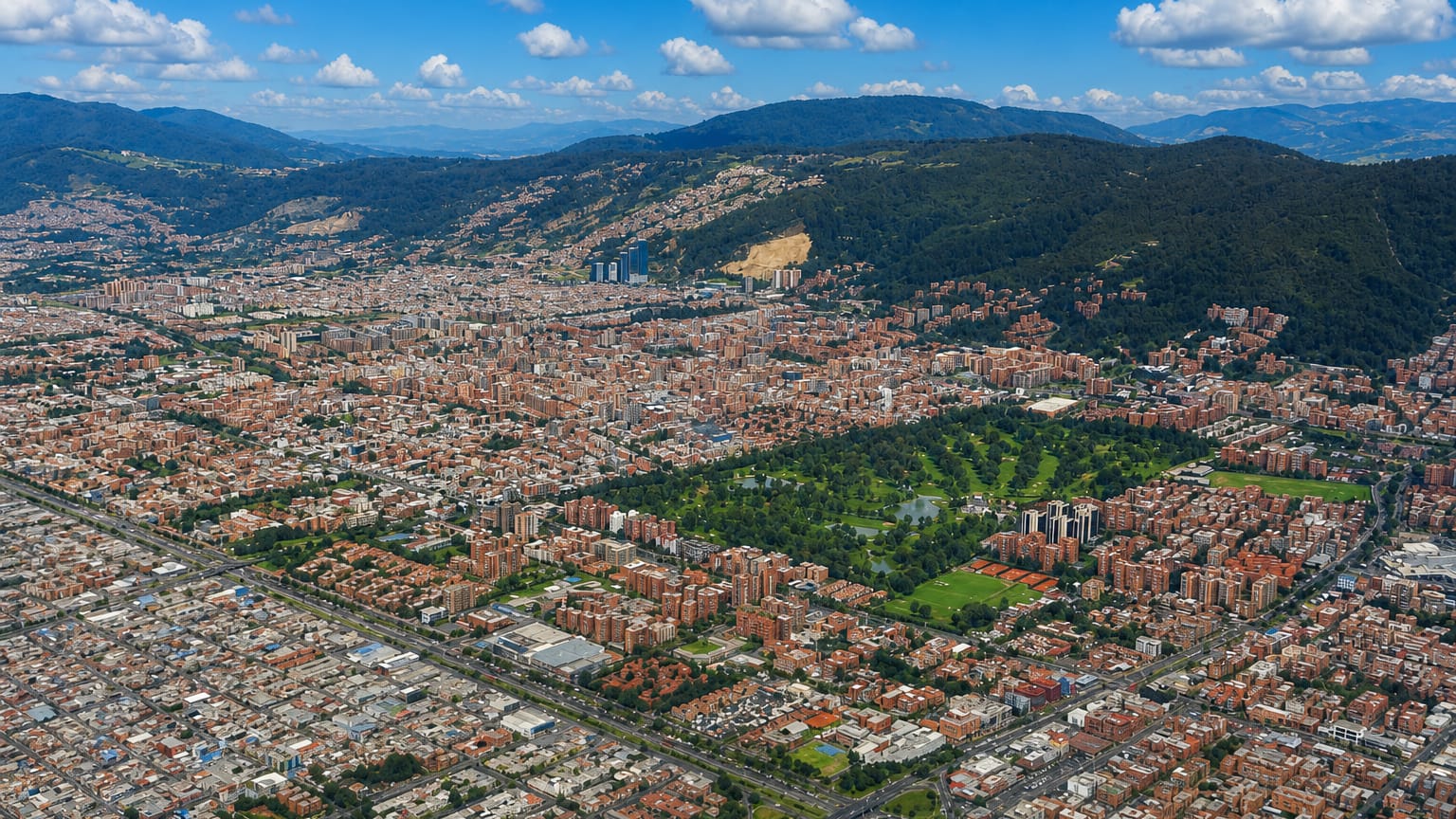 Aerial view over the northern Usaquen district of Bogota with a green park and the Eastern Hills behind