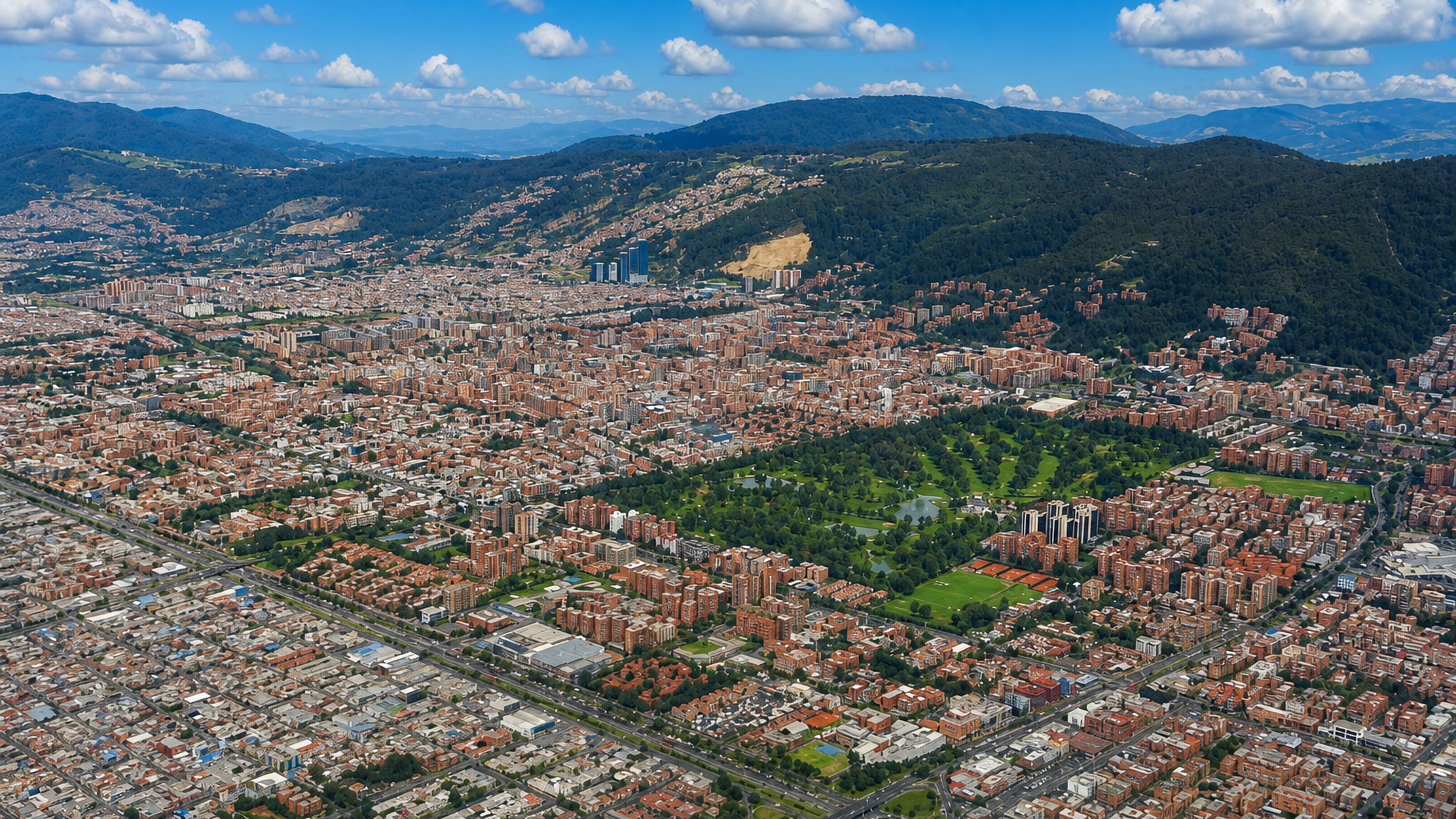Aerial view over the northern Usaquen district of Bogota with a green park and the Eastern Hills behind