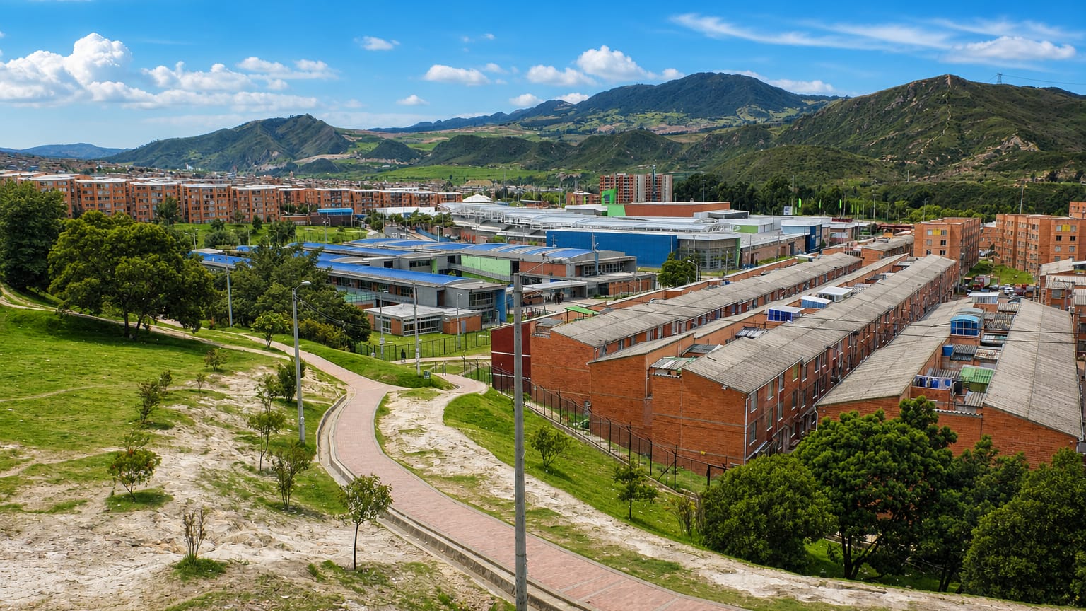 Brick row-houses and apartment blocks of the Usme locality against the green Andean hills of southern Bogota