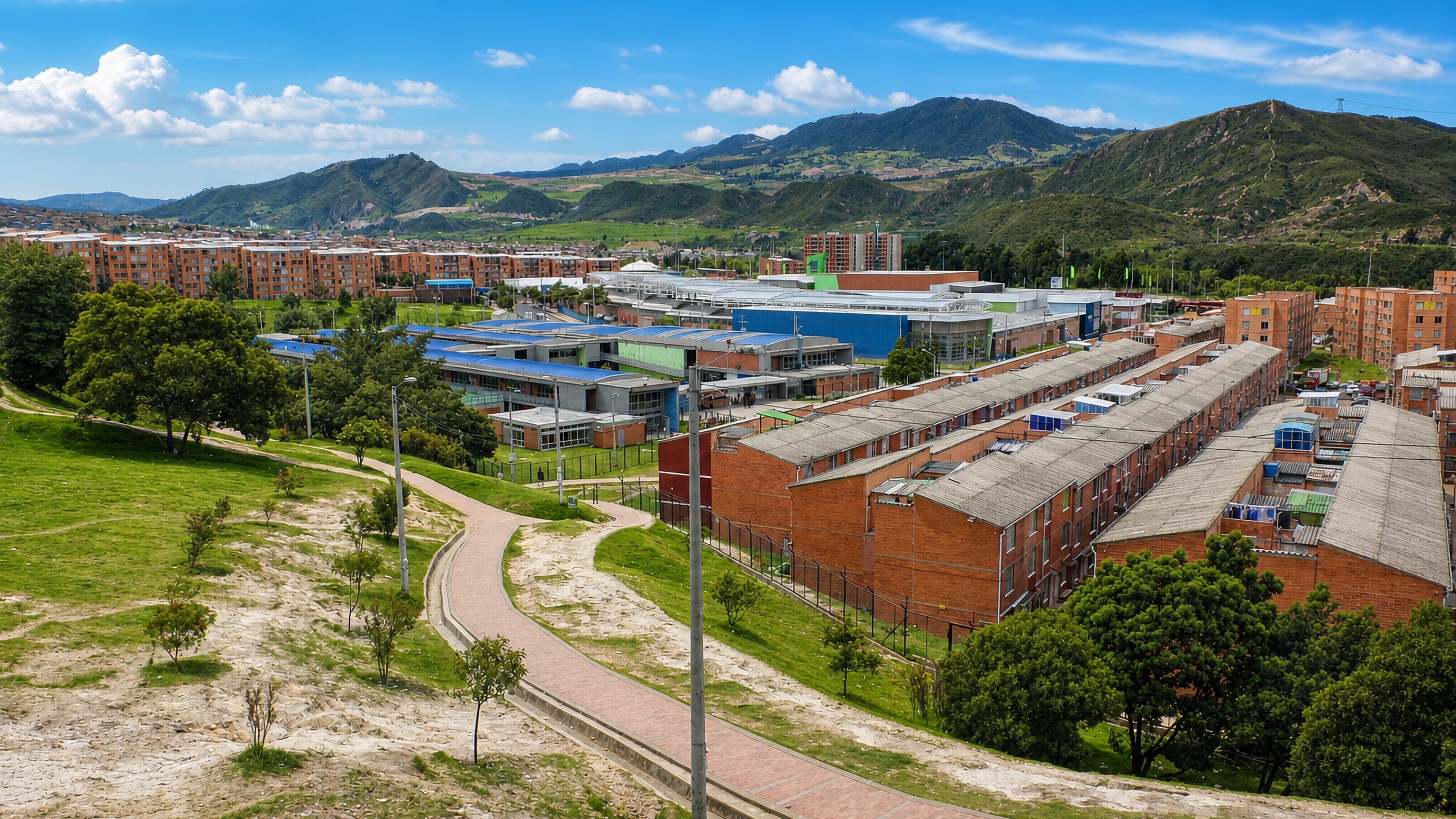 Brick row-houses and apartment blocks of the Usme locality against the green Andean hills of southern Bogota