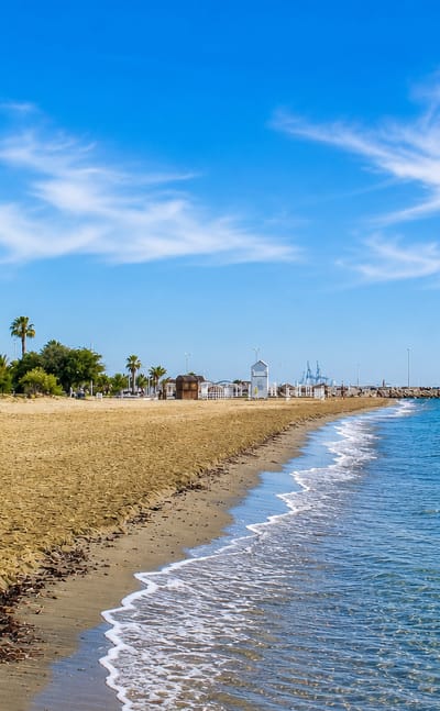 Sandy Finikoudes beach at Larnaca, Cyprus, lined with palms and seafront apartments, the port beyond.
