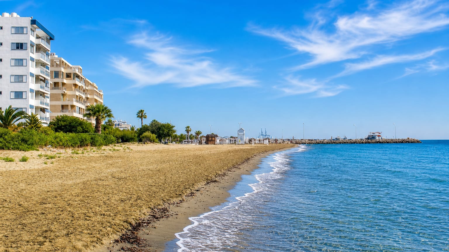 Sandy Finikoudes beach at Larnaca, Cyprus, lined with palms and seafront apartments, the port beyond.