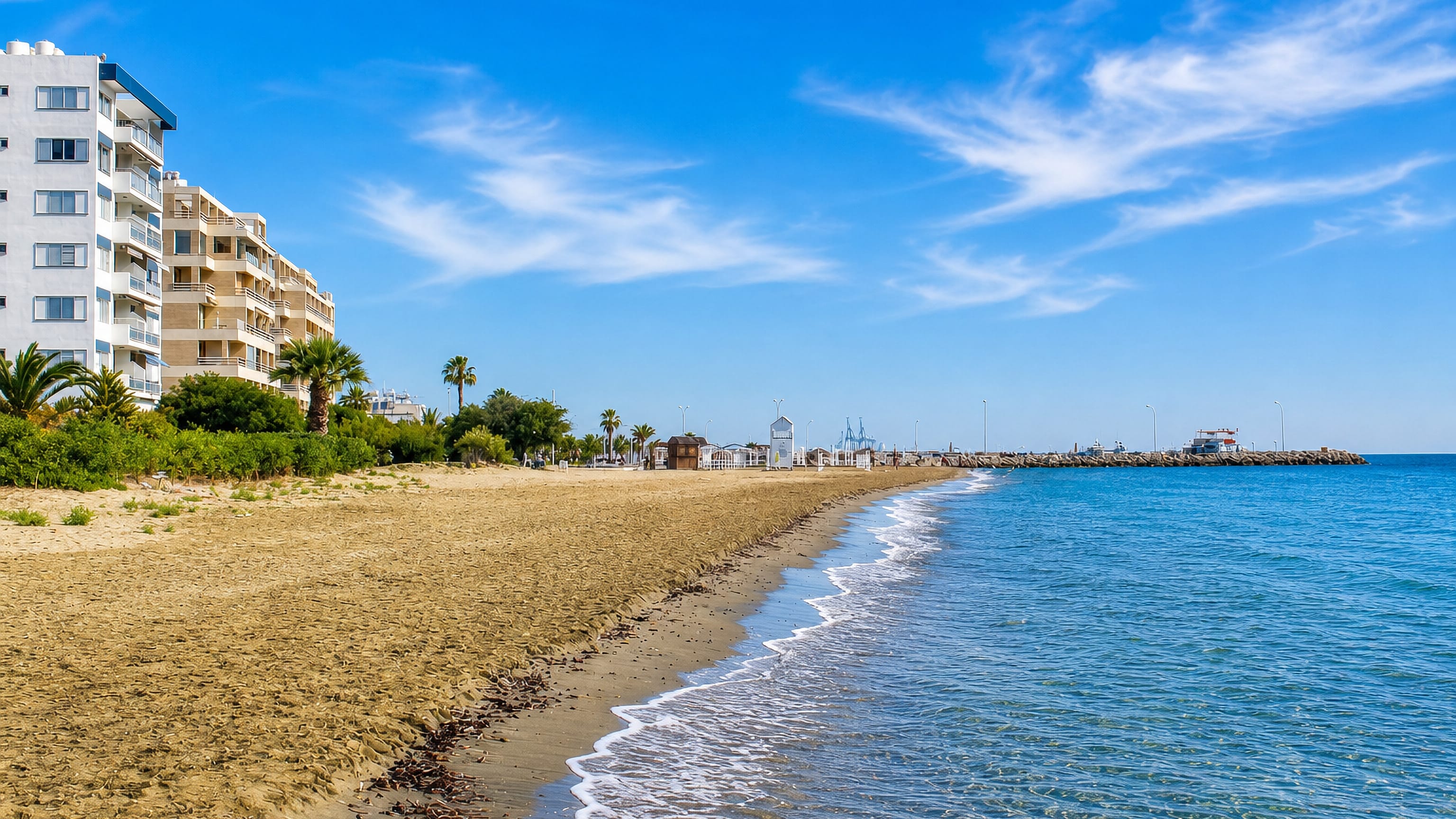 Sandy Finikoudes beach at Larnaca, Cyprus, lined with palms and seafront apartments, the port beyond.