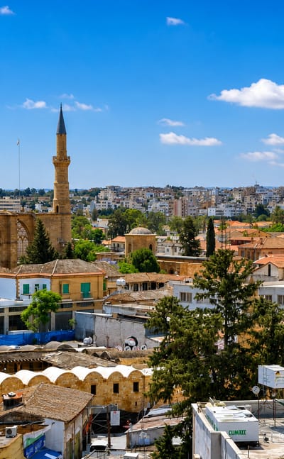 Nicosia old town with the twin minarets of the Selimiye Mosque rising over terracotta rooftops