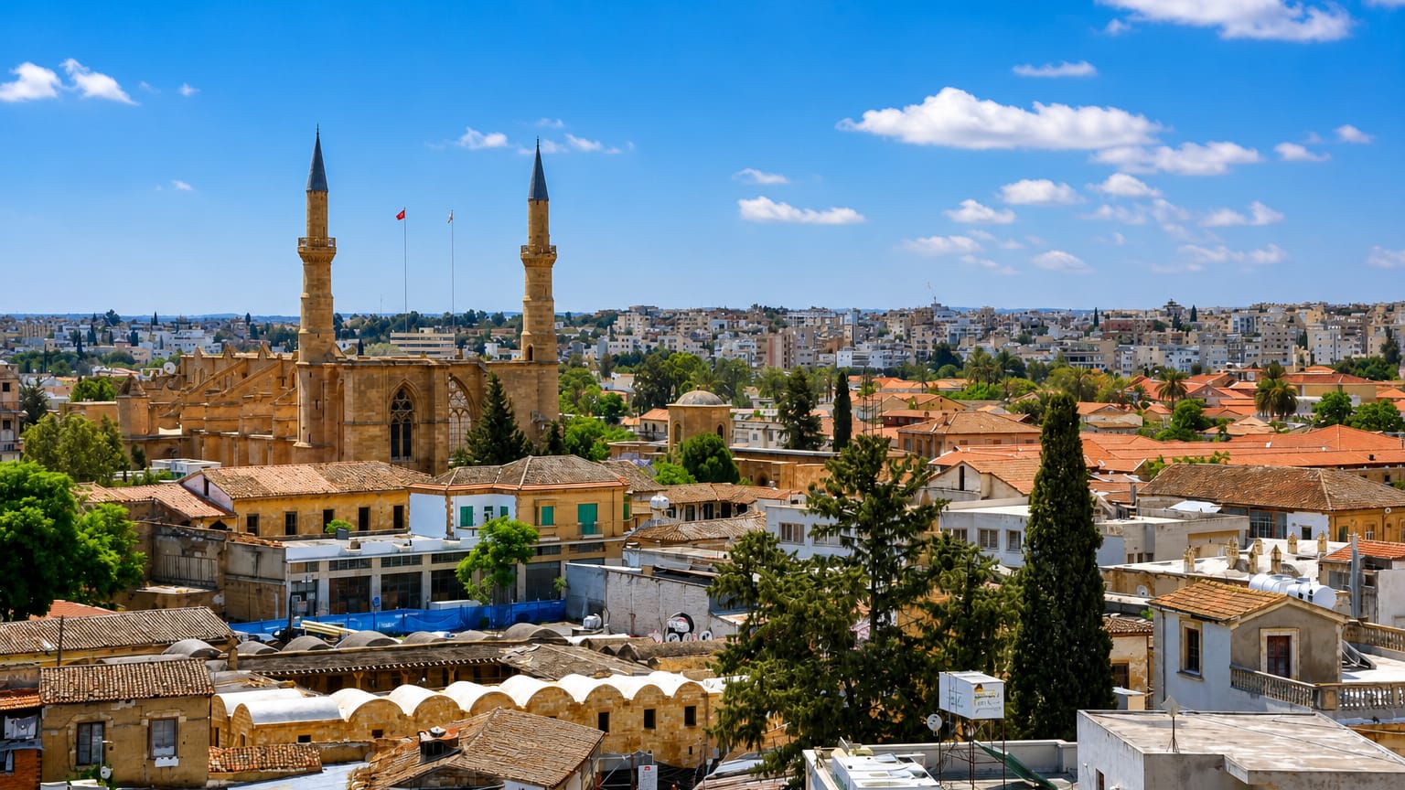 Nicosia old town with the twin minarets of the Selimiye Mosque rising over terracotta rooftops