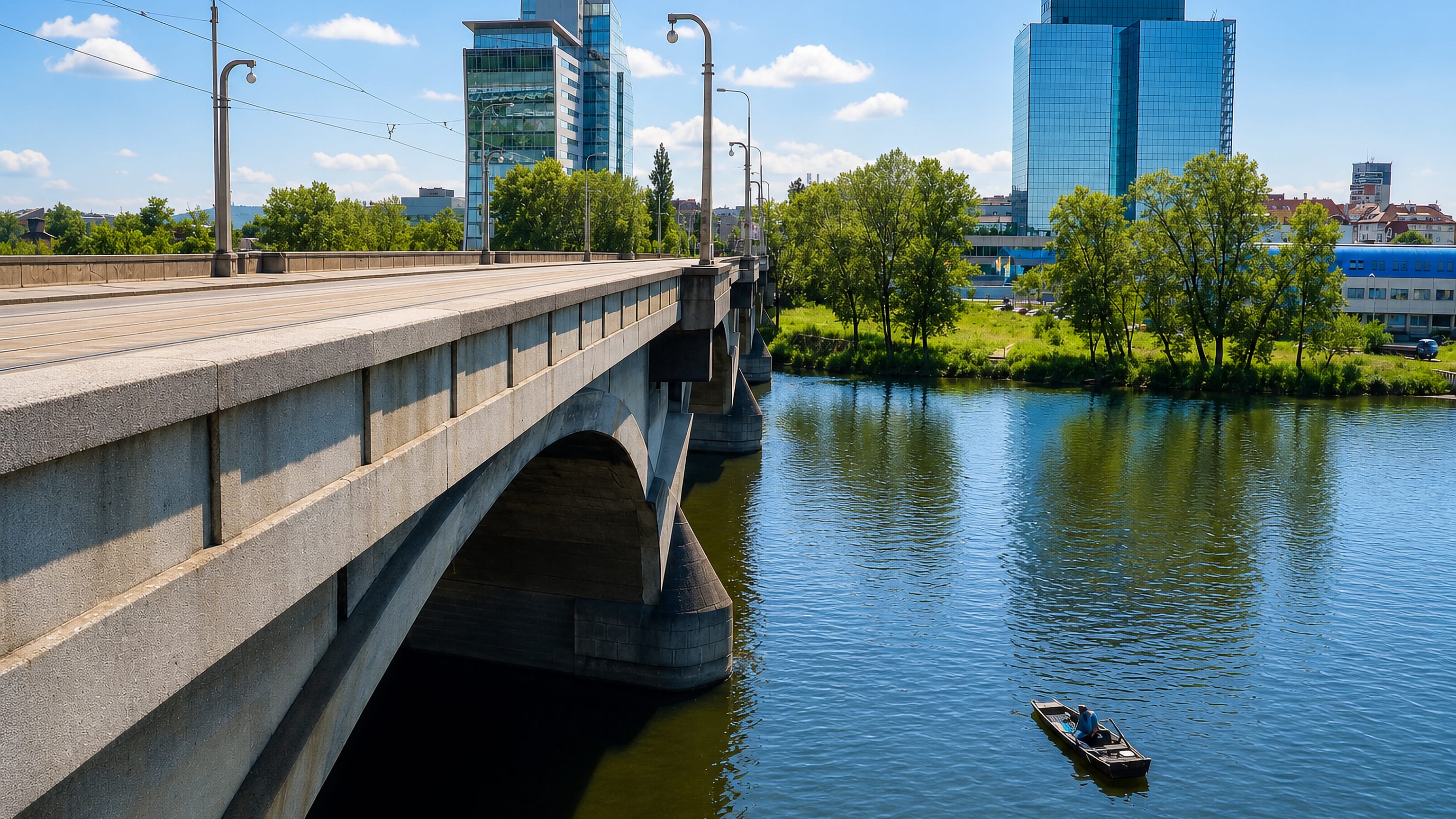 Concrete bridge over the river at Holesovice, Prague, with glass office towers on the wooded bank