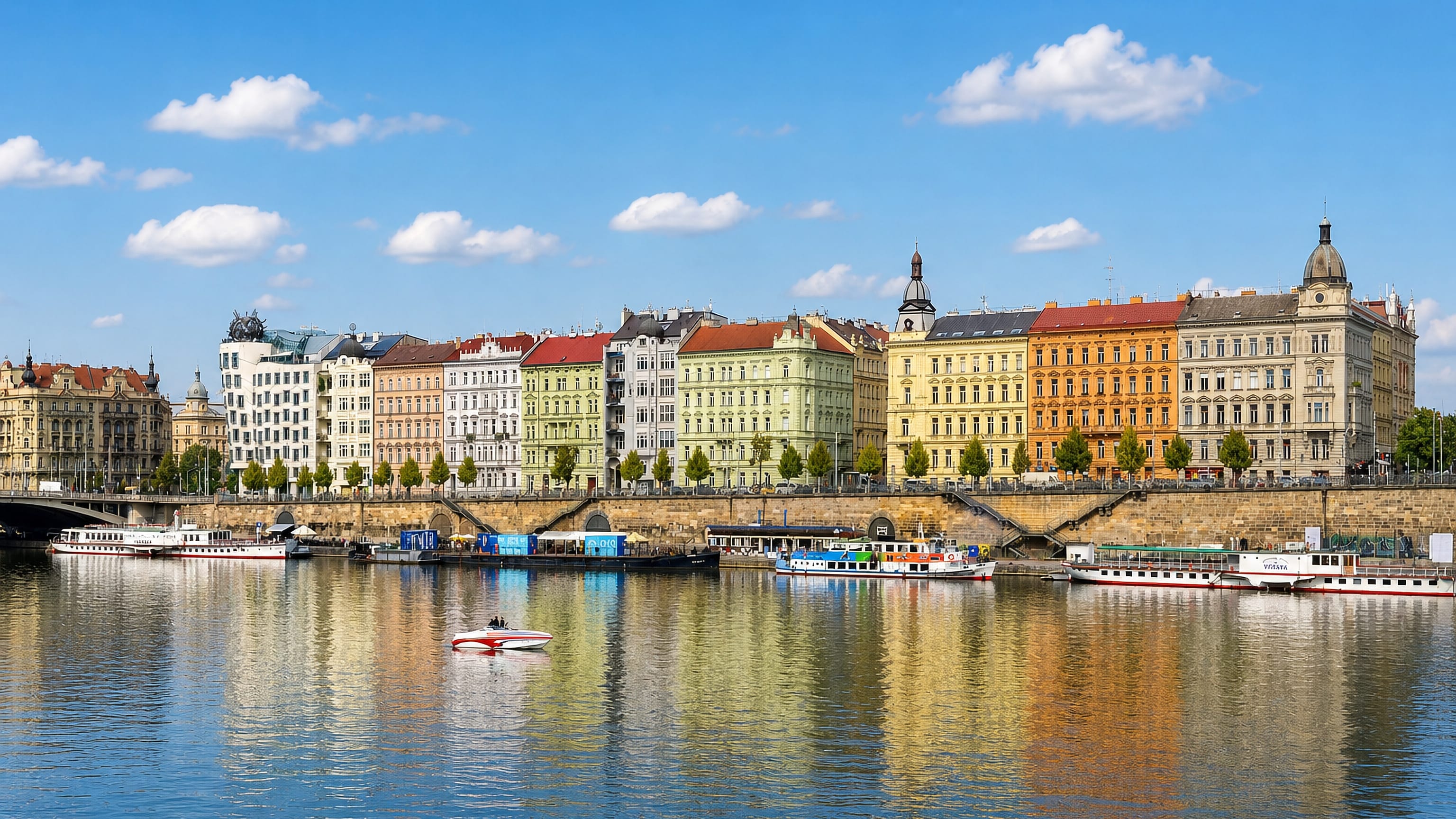Colourful riverfront facades of Prague's New Town along the Vltava, with the Dancing House at left.