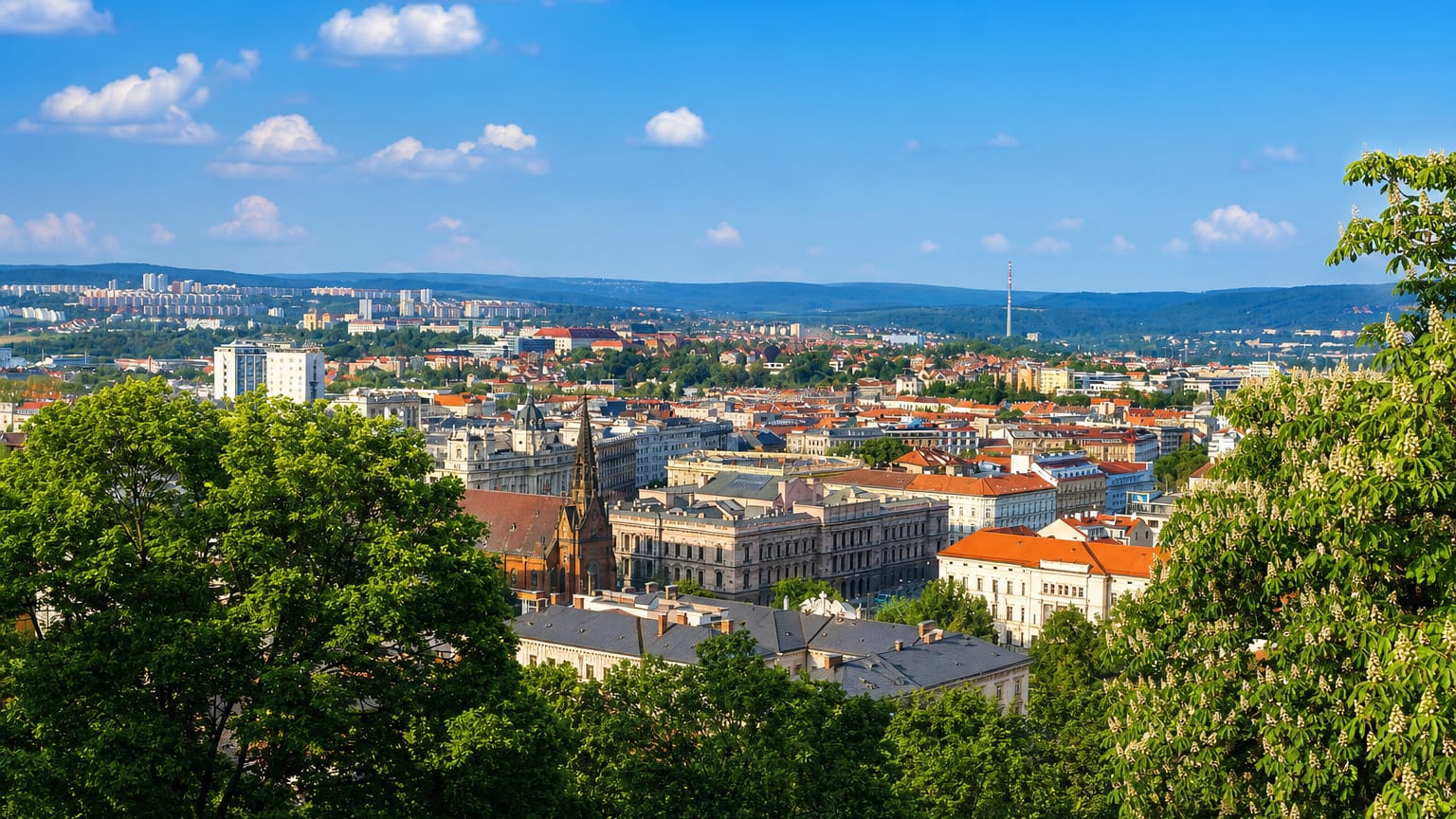 Elevated view over Brno's rooftops and church spires with wooded hills beyond, framed by chestnut trees.