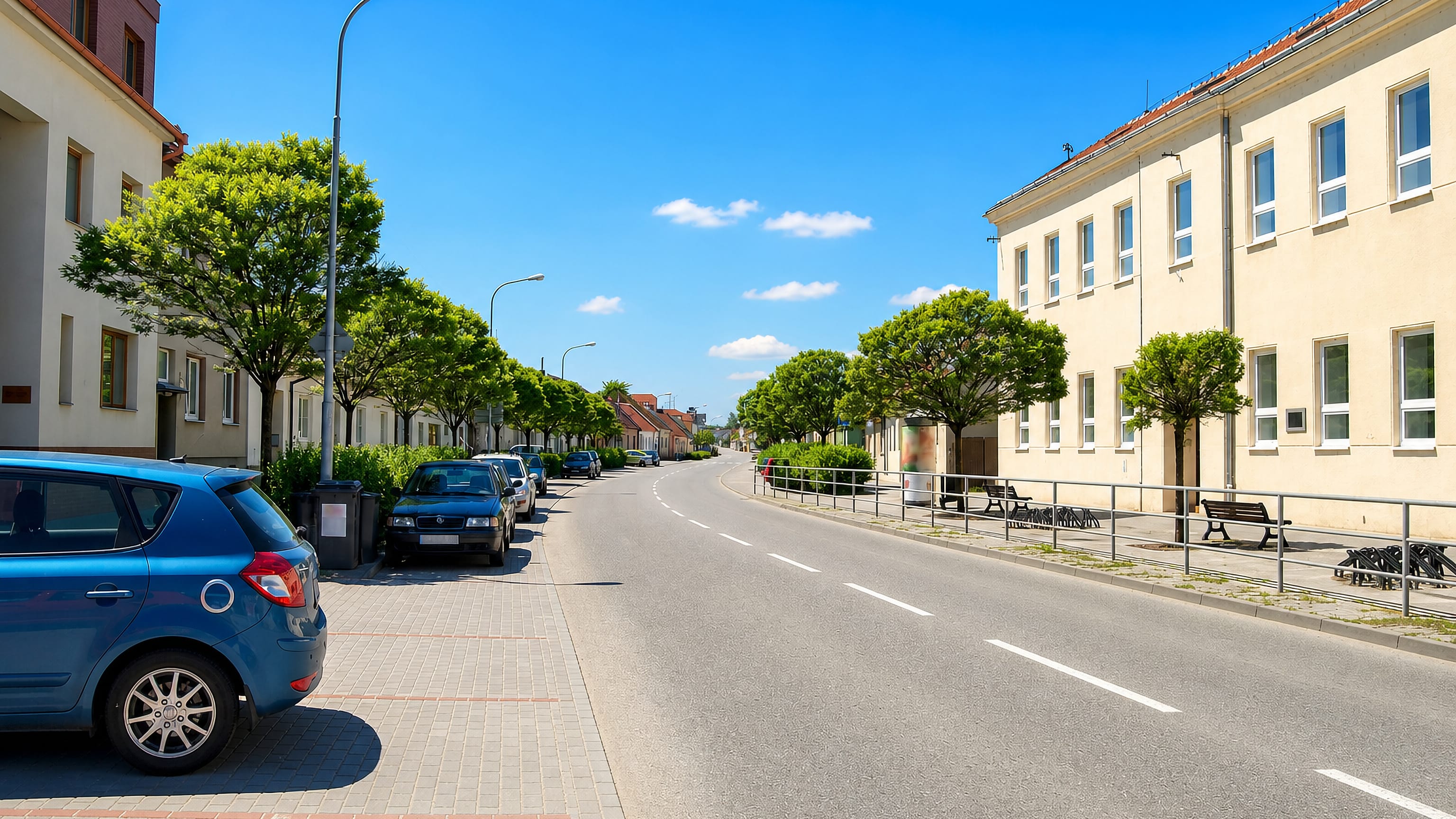 A tree-lined residential street with parked cars and benches in Horní Heršpice, Brno.