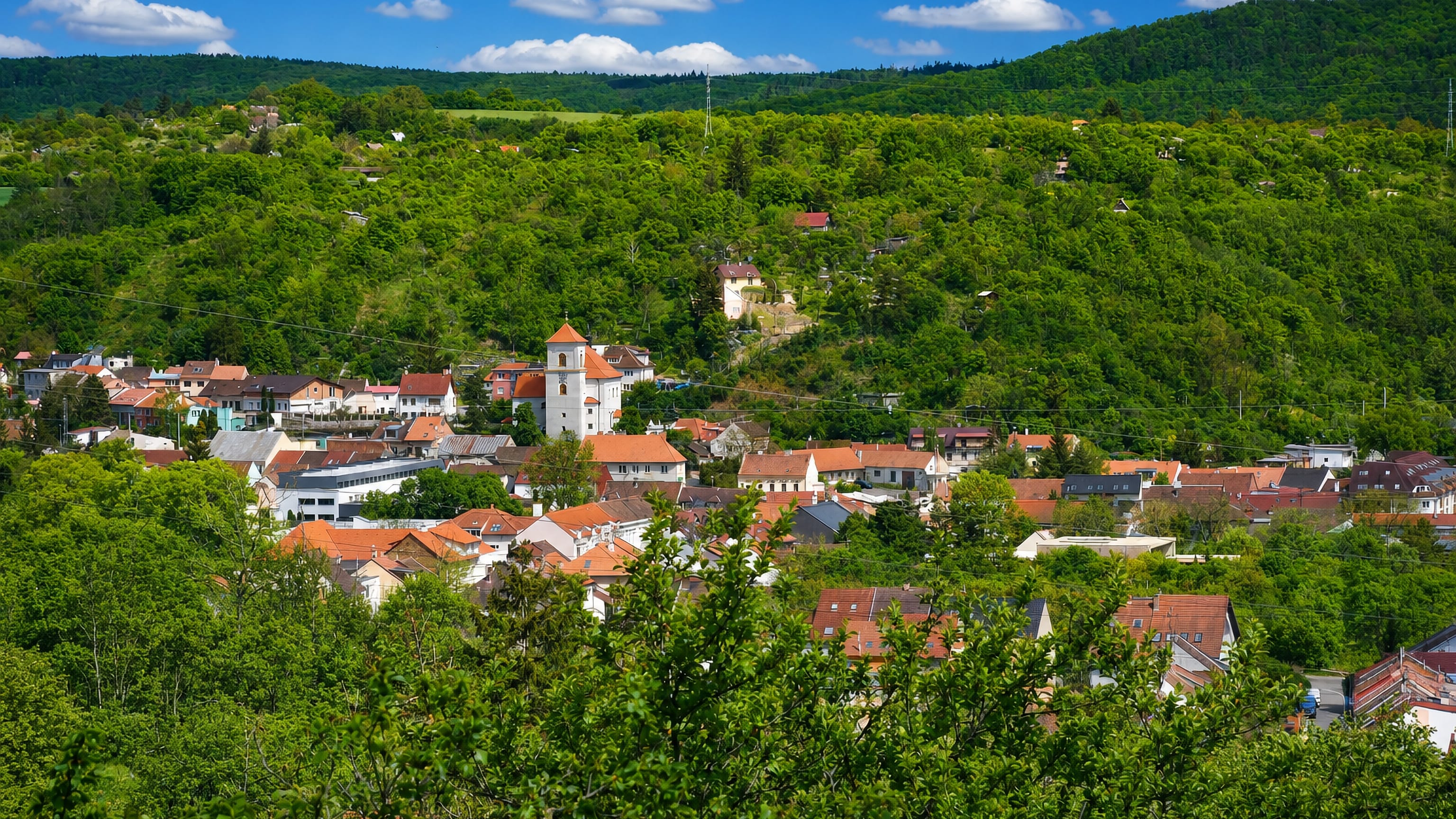 Red-roofed houses and a white church tower in the wooded valley of Obřany, Brno.