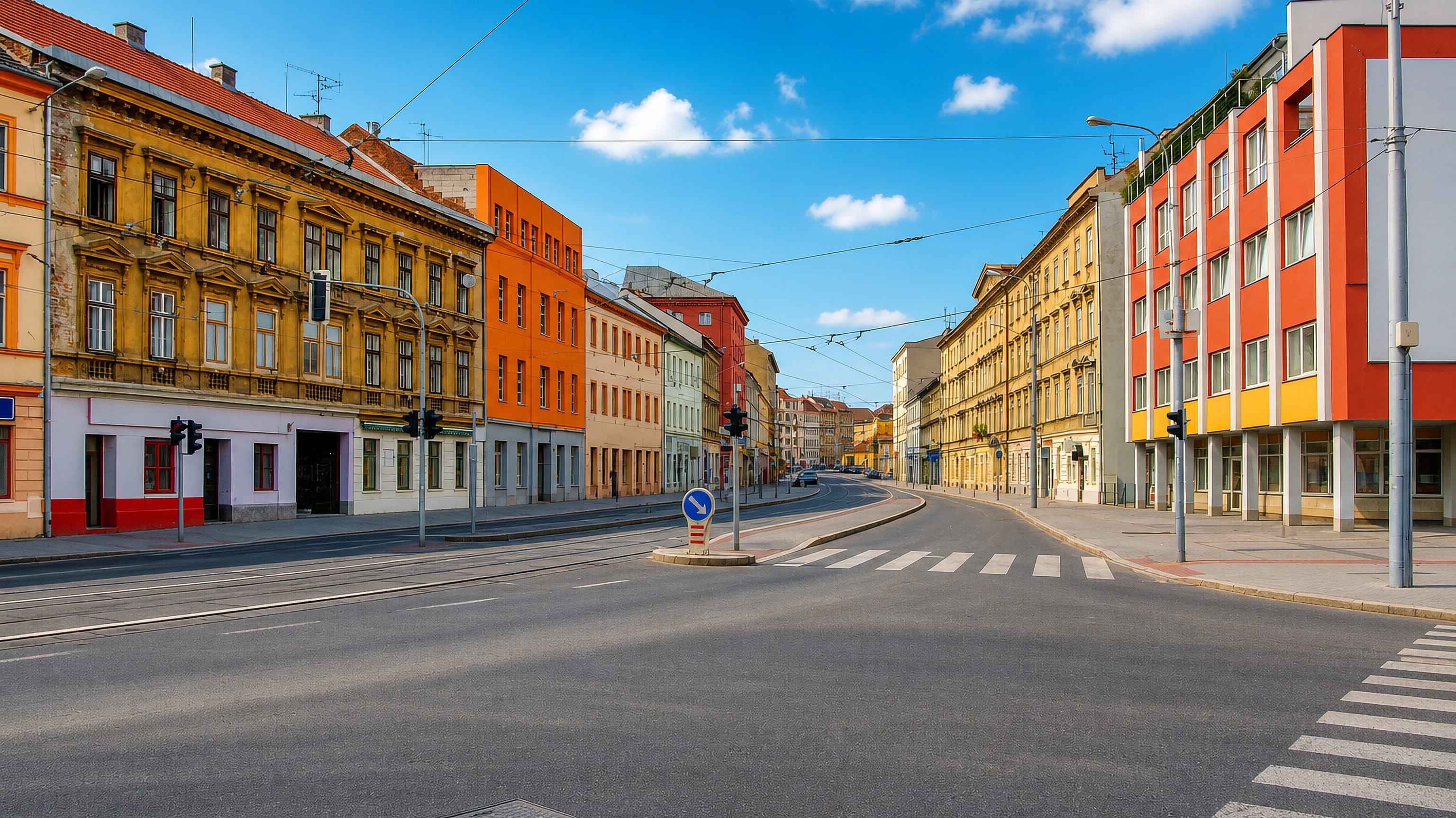 Colourful period facades and tram wires along a broad empty street in Zábrdovice, Brno