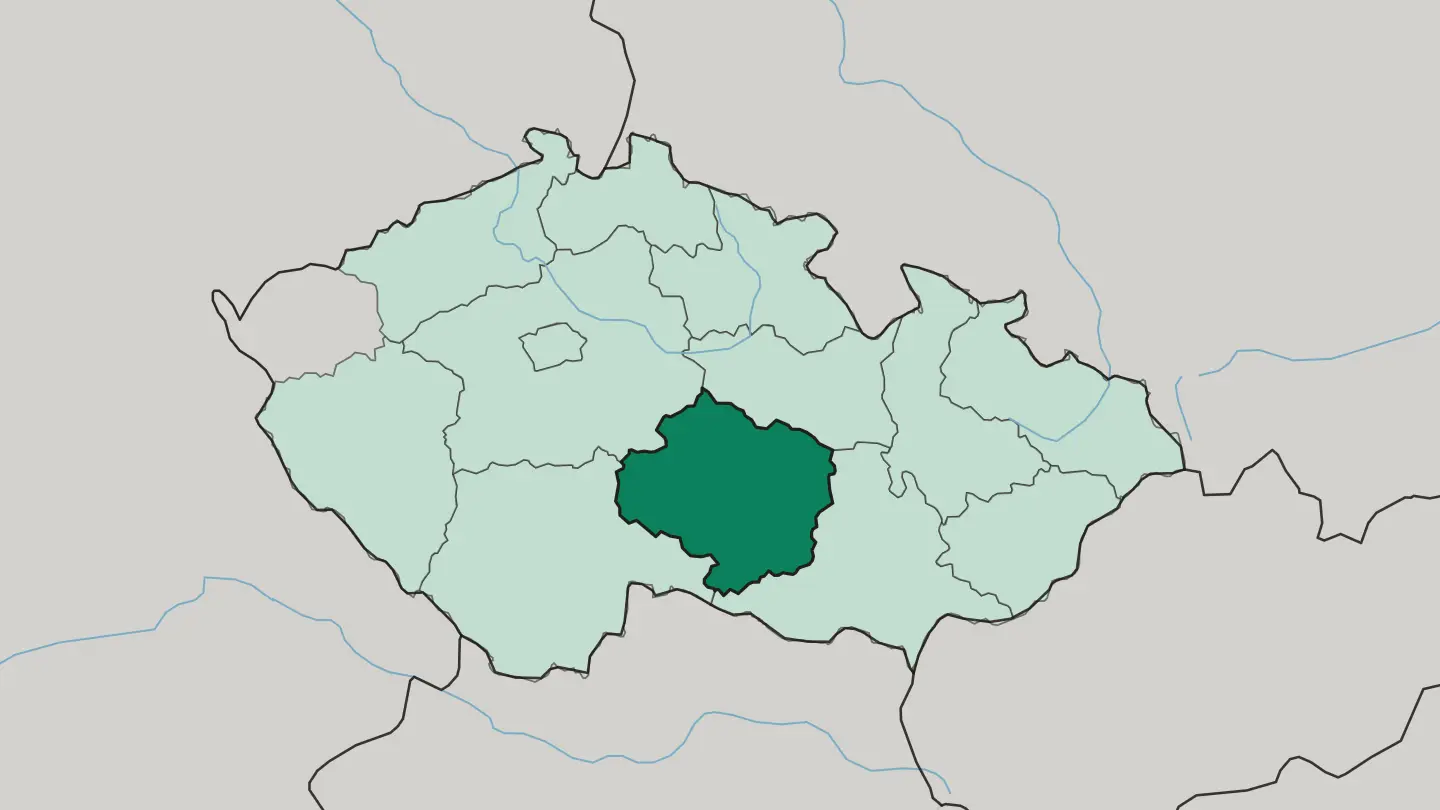 Map of Kraj Vysočina in Czech Republic