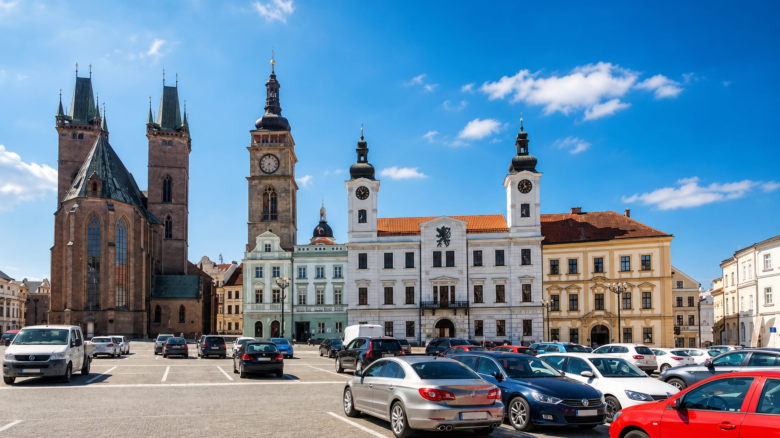 Velké náměstí in Hradec Králové with the White Tower, Holy Spirit Cathedral and the twin-towered Old Town Hall
