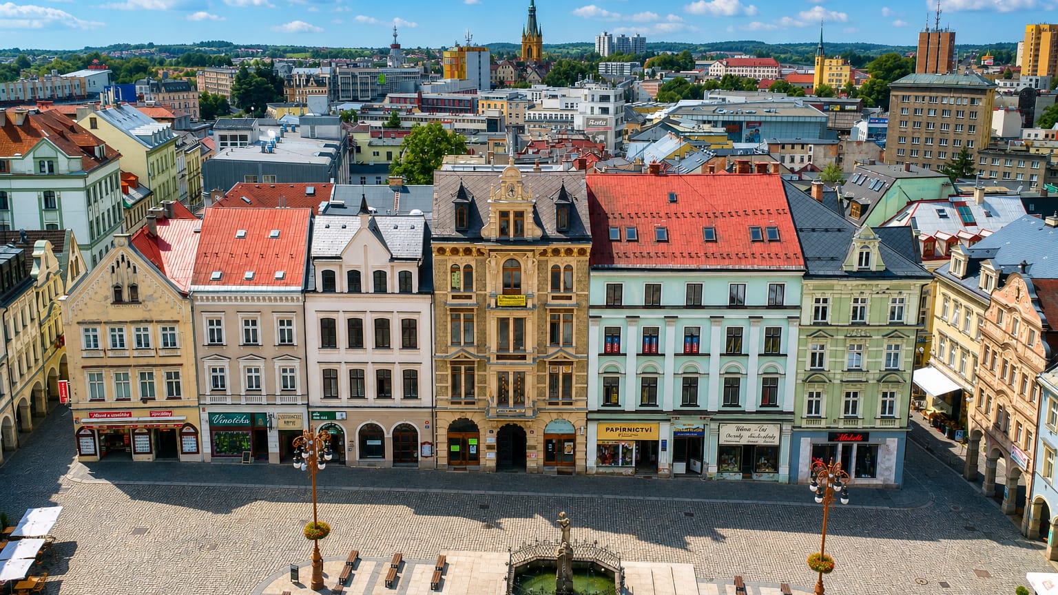 Colourful baroque townhouses and a fountain lining a cobbled square in Liberec, Czech Republic.