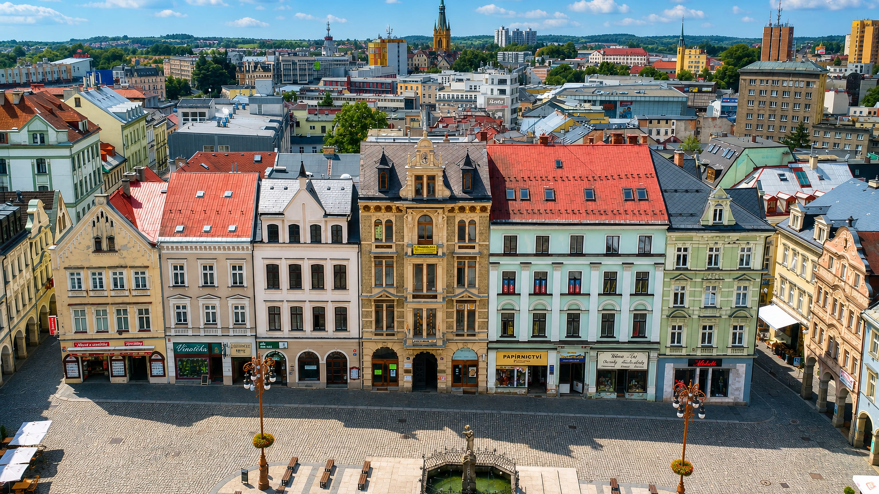 Colourful baroque townhouses and a fountain lining a cobbled square in Liberec, Czech Republic.