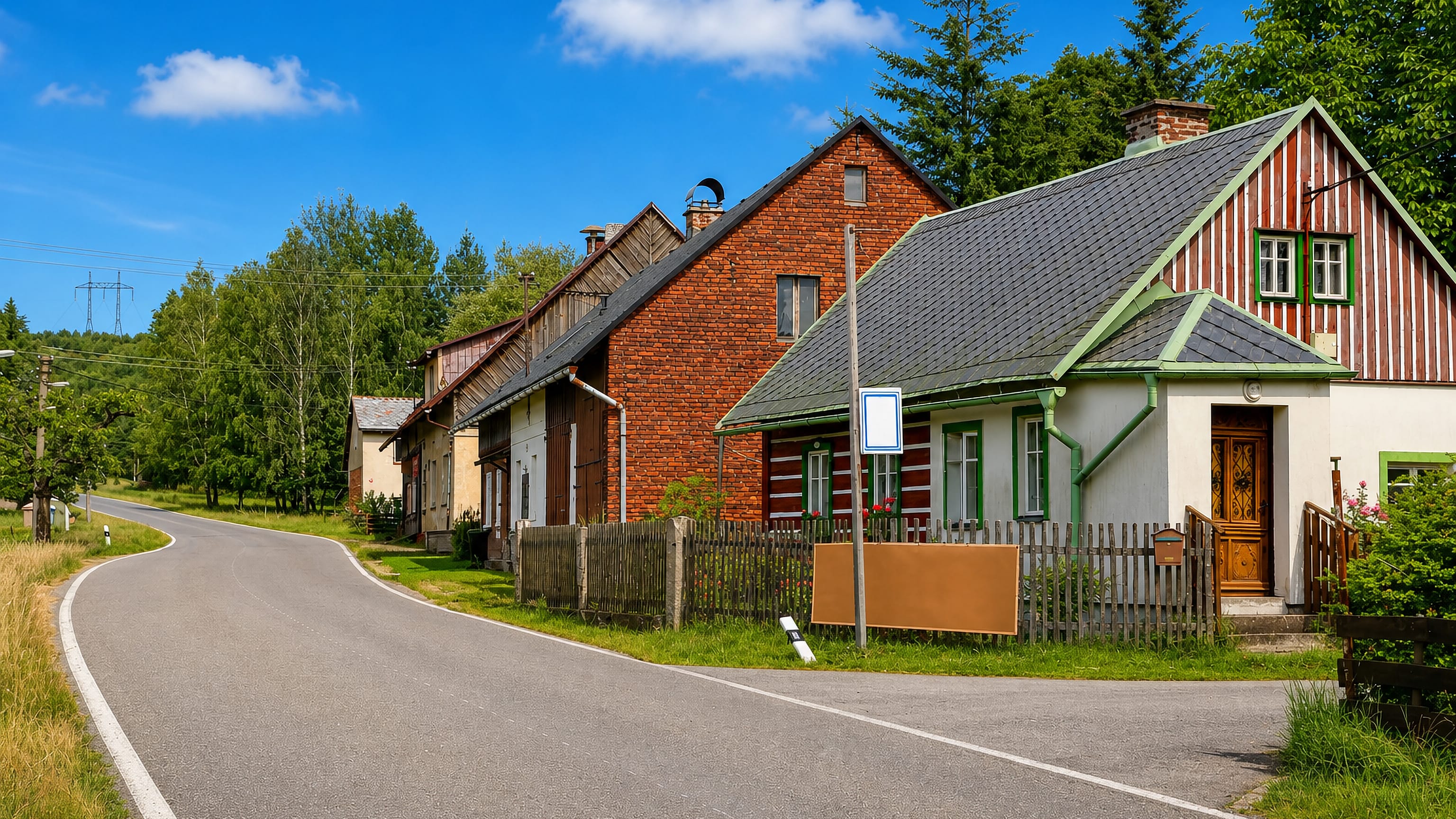 Half-timbered and brick cottages along a curving country road in Januv Dul, Liberec.