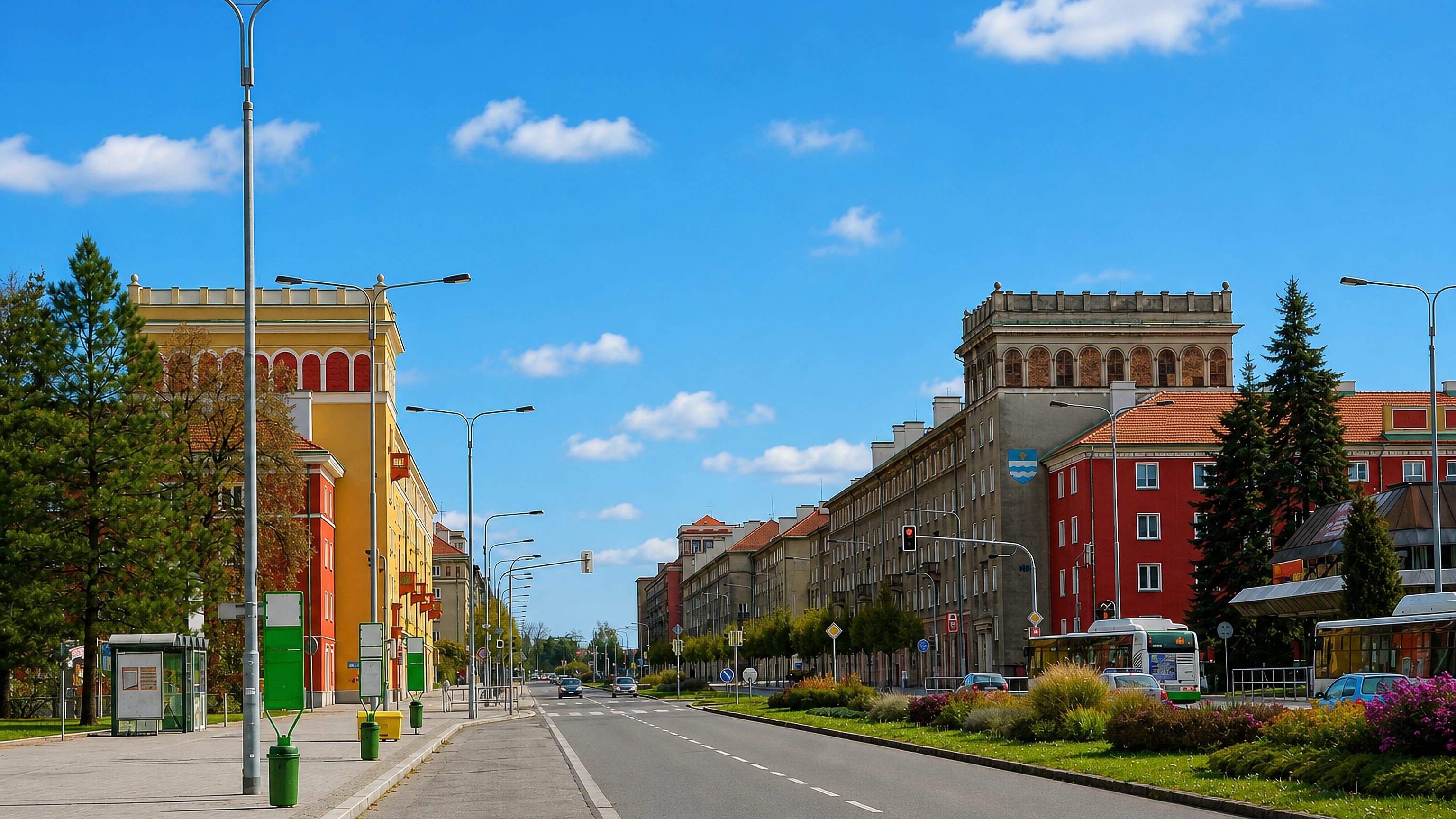 Colourful Socialist-Realist blocks lining the wide main boulevard through central Havirov under a blue sky.