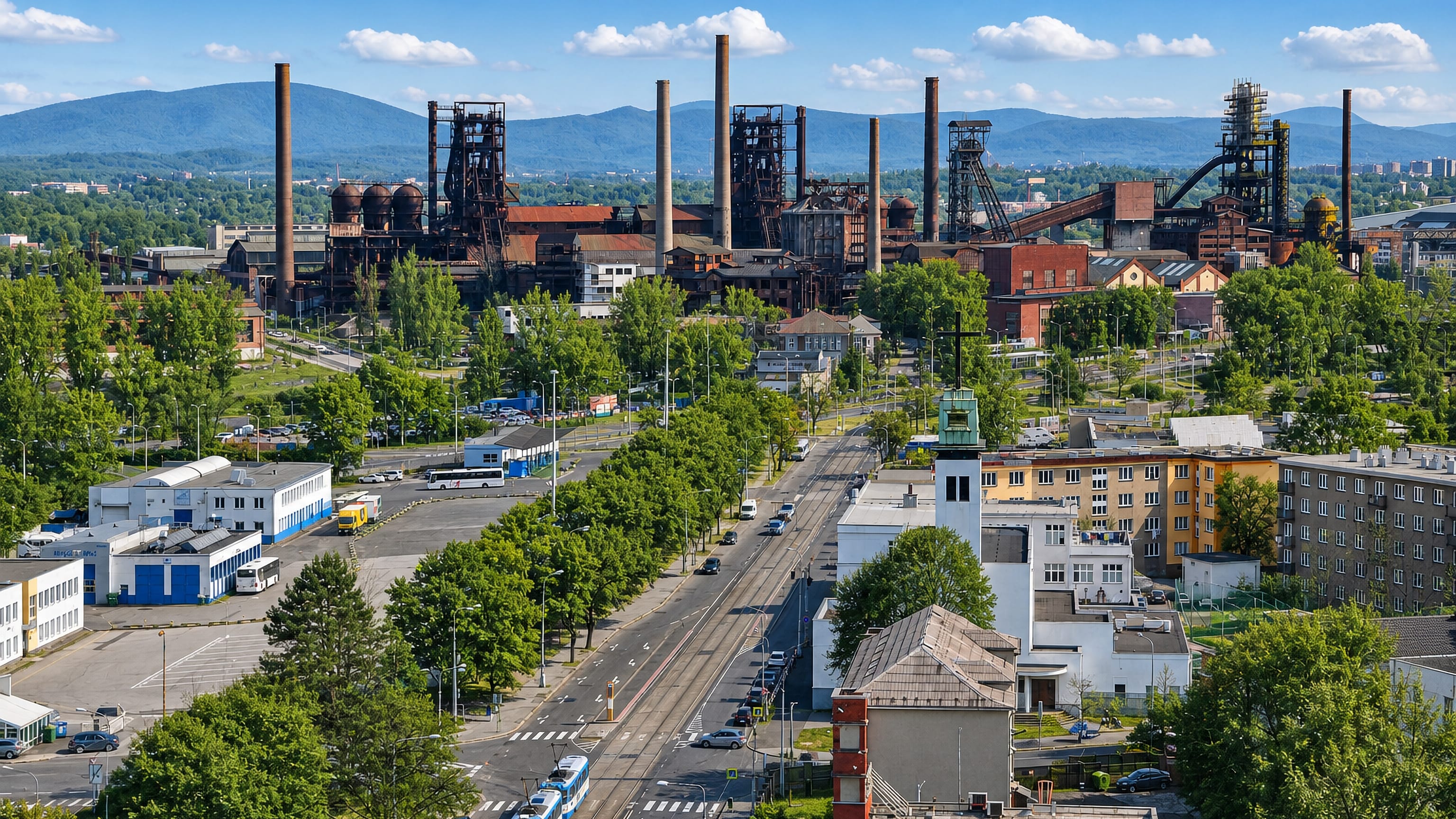 Moravska Ostrava under the Vitkovice ironworks blast furnaces, with a tram on the tree-lined boulevard.