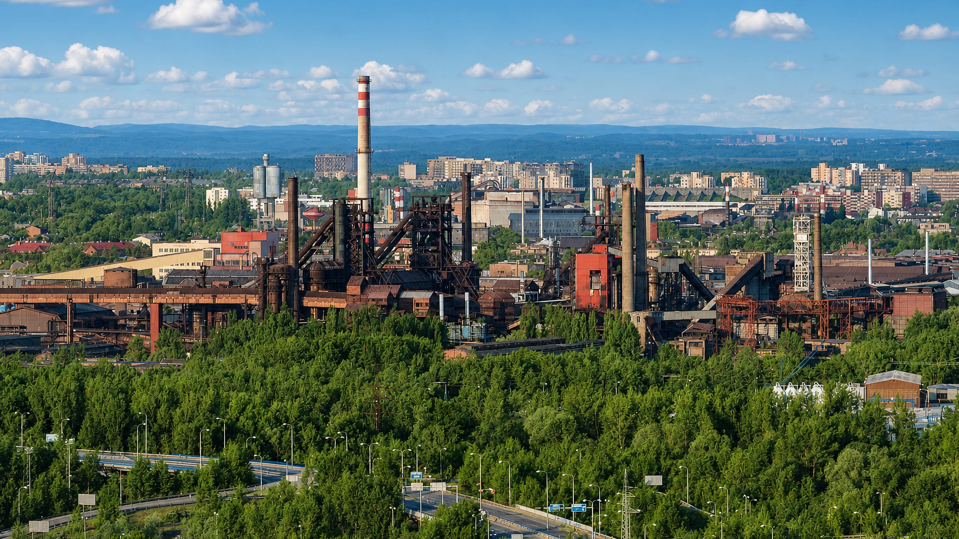 Blast furnaces and chimneys of the Vítkovice ironworks rising above woodland in Ostrava