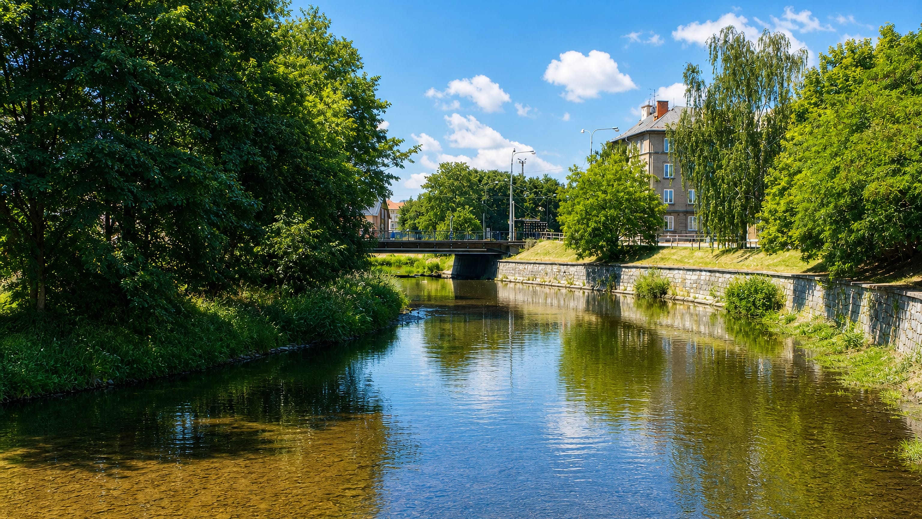 Stone-walled river channel, bridge and willows beside apartment houses at Bělidla in Olomouc.