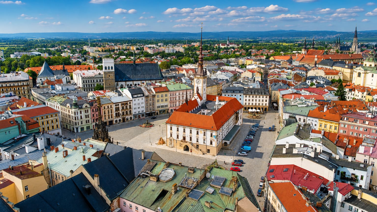 Aerial view of Olomouc's Upper Square with the town hall, Holy Trinity Column and red-tiled old town.