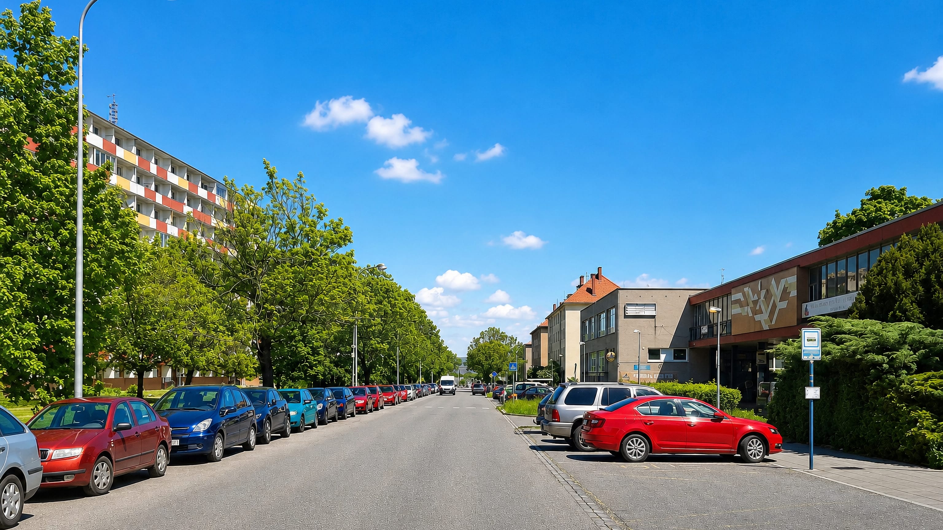 Tree-lined residential street with panel apartment blocks and parked cars in Nová Ulice, a district of Olomouc.