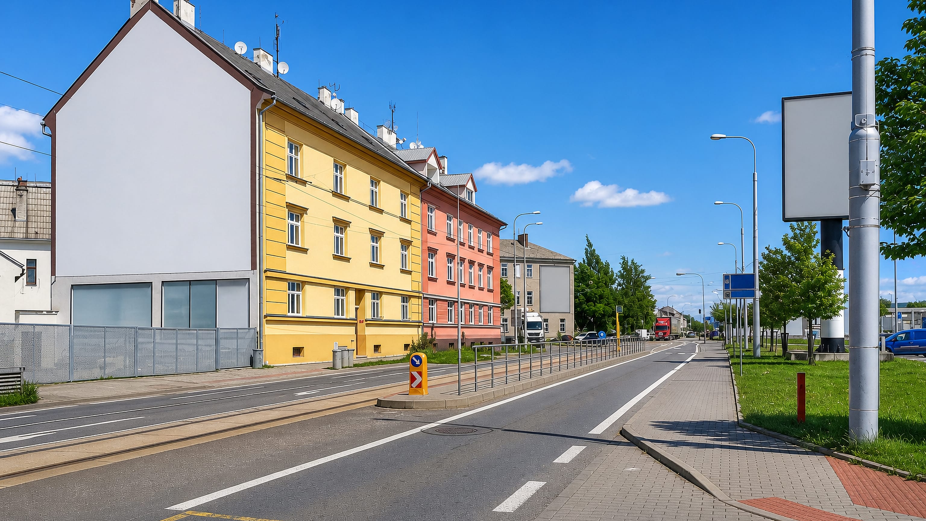 Tram-lined arterial street in Pavlovičky, Olomouc, with pastel apartment houses and a cycle path.