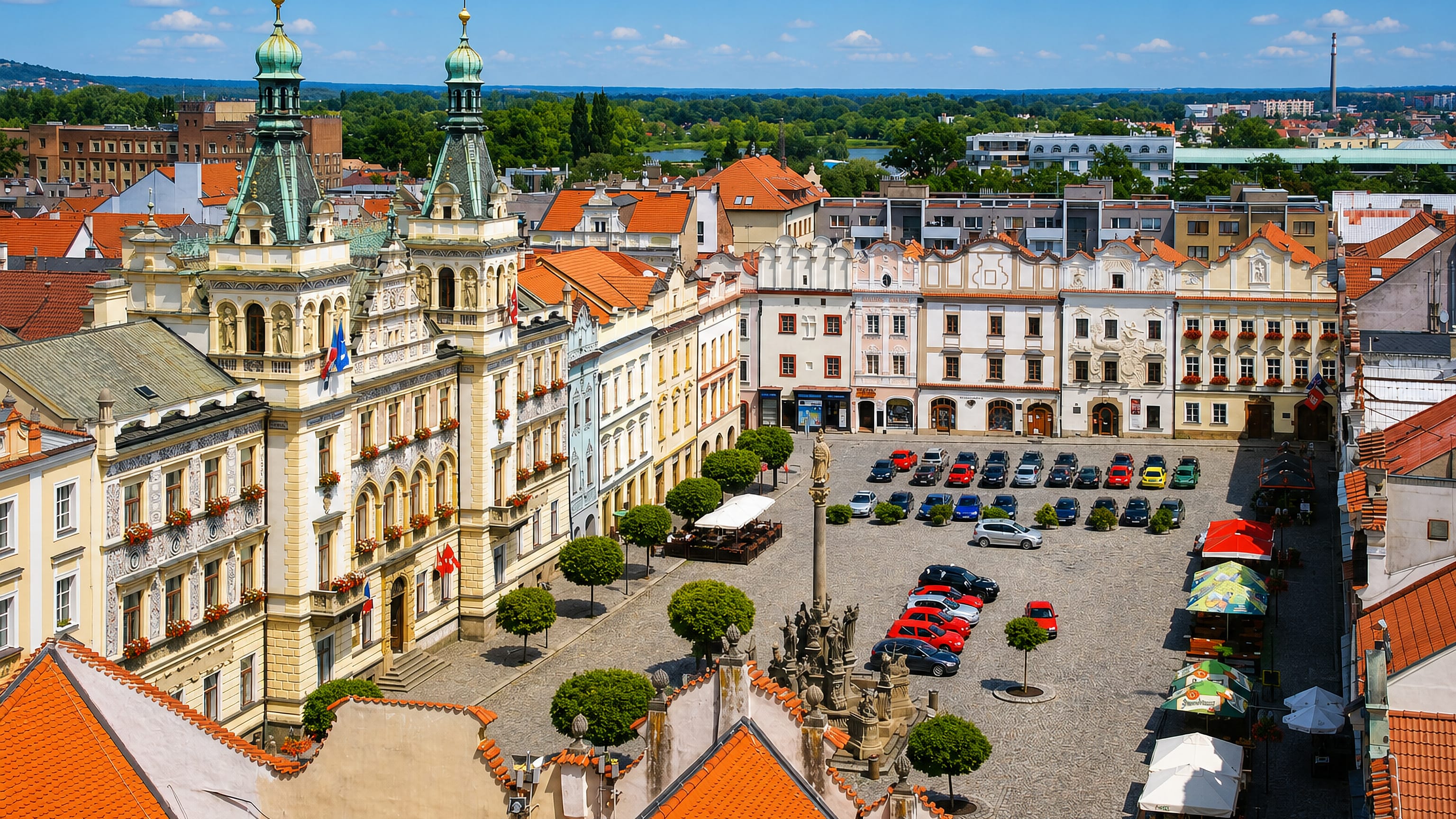 Pernstyn Square in Pardubice from above, with the twin-towered town hall, plague column and burgher houses.