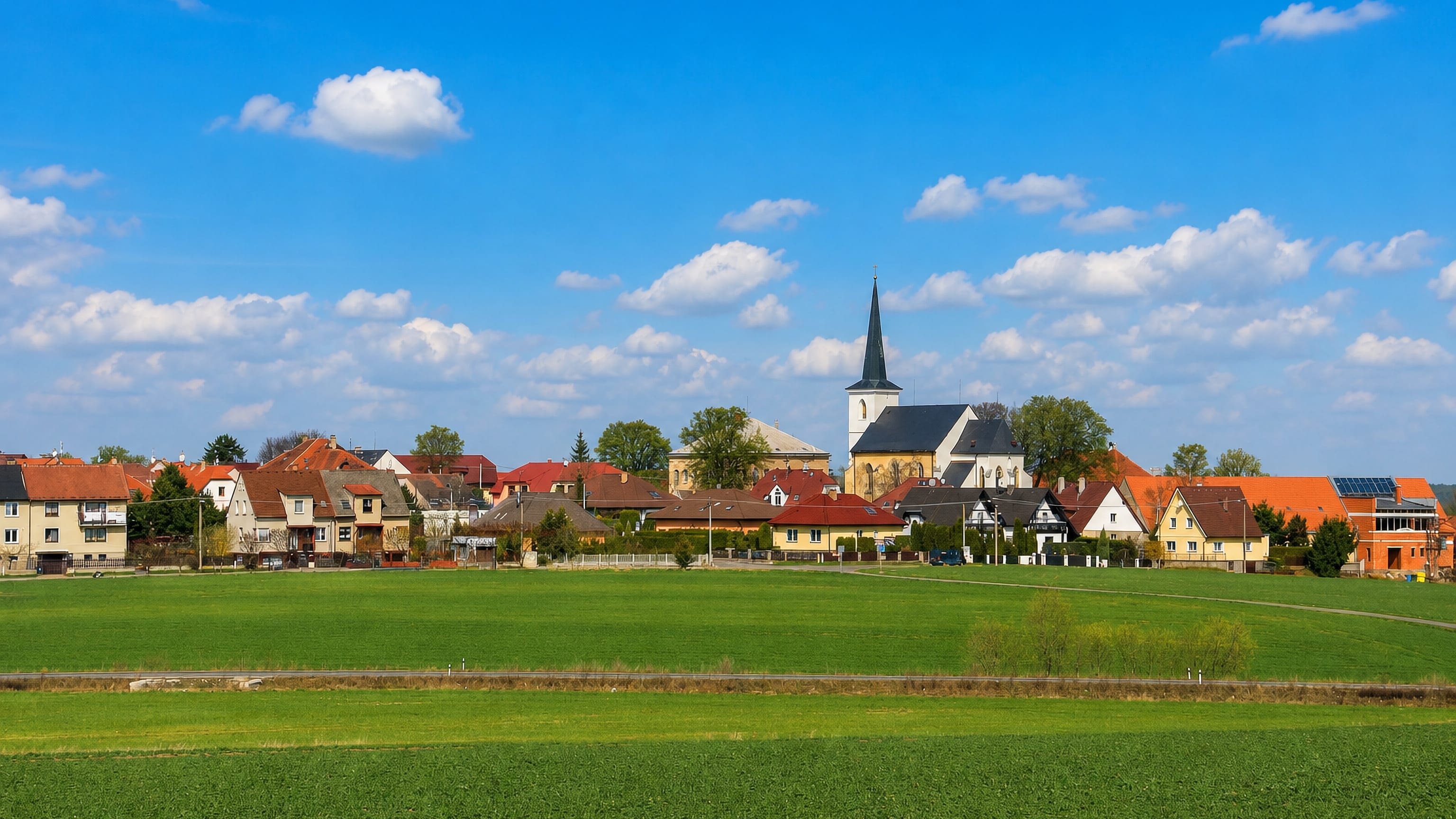 Village skyline of Litice in Pilsen, with a spired church and red-roofed houses above green fields.