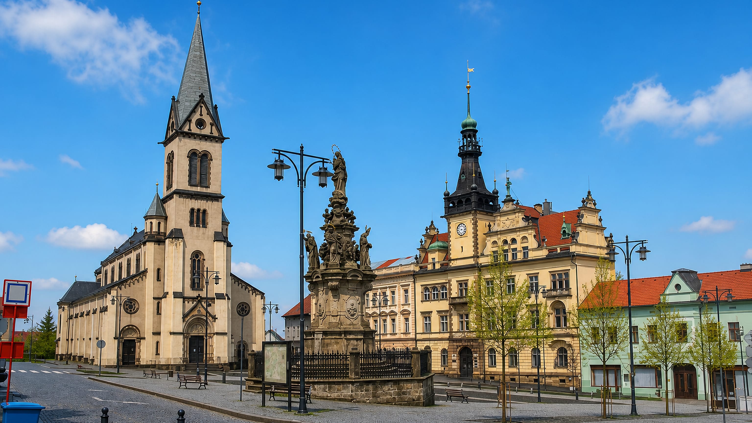 Church spire, Marian column and the neo-Renaissance town hall on the main square of Kladno, Czechia.