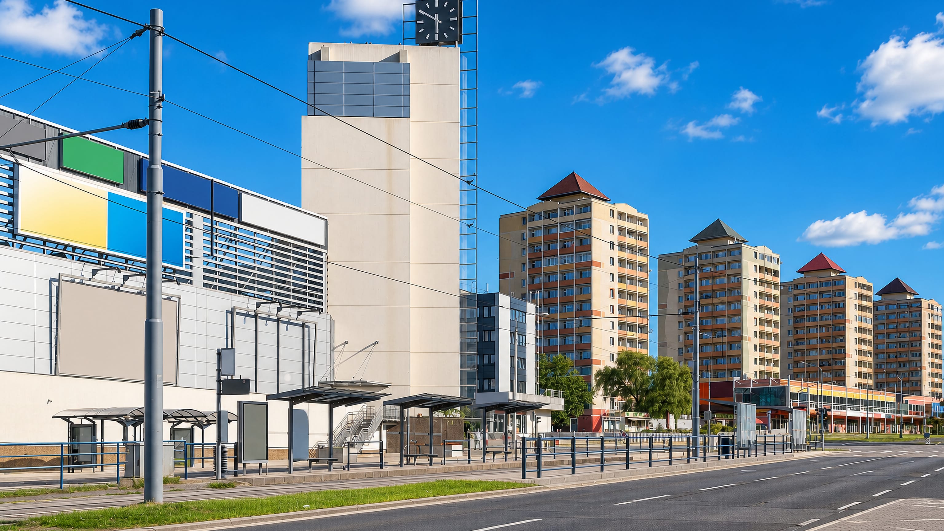 Panel apartment blocks, a clock tower and a tram stop along a wide boulevard in Most, Czech Republic.