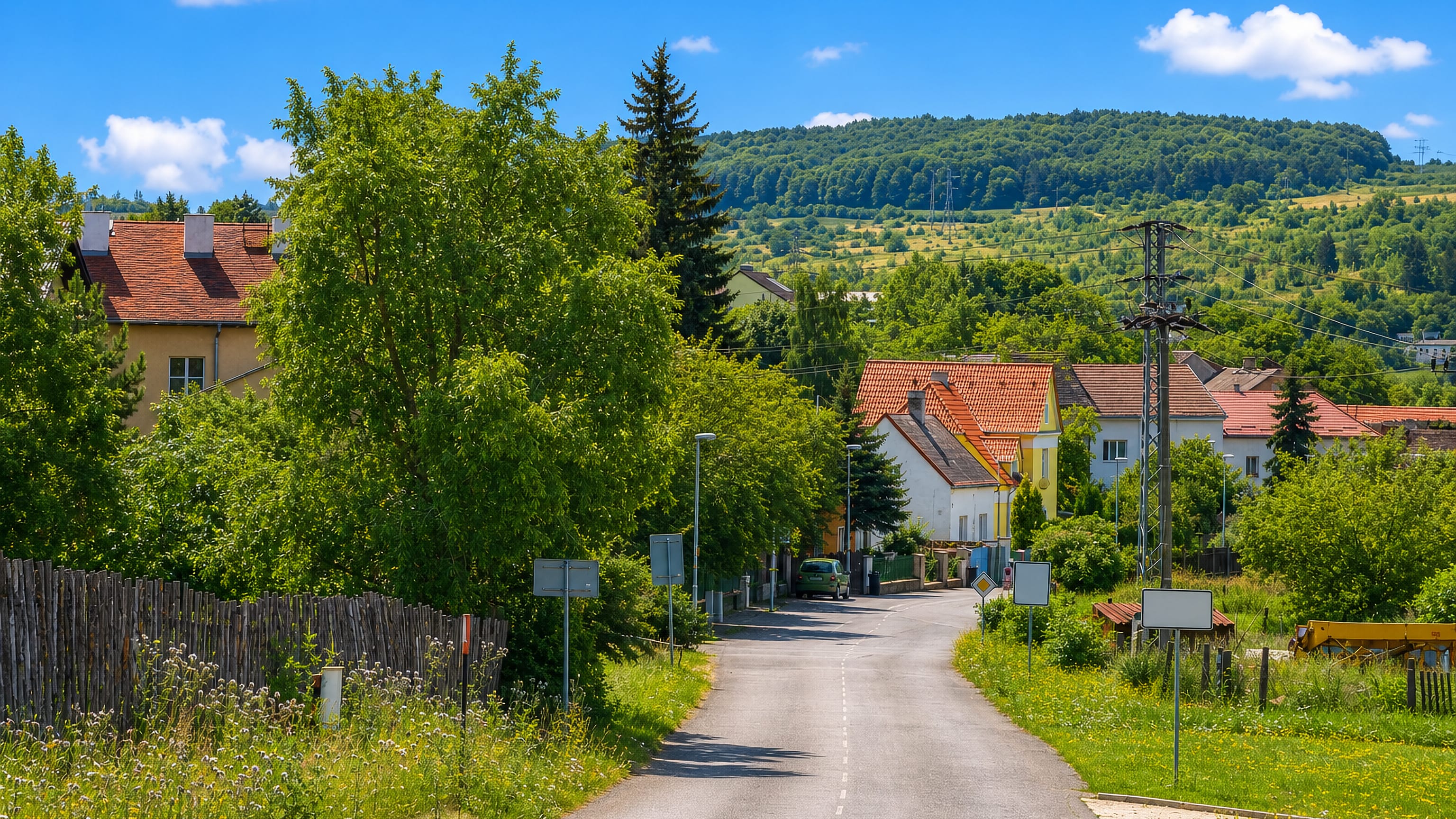 Quiet village street of red-roofed houses below a wooded ridge in Rudolice nad Bílinou, Most.