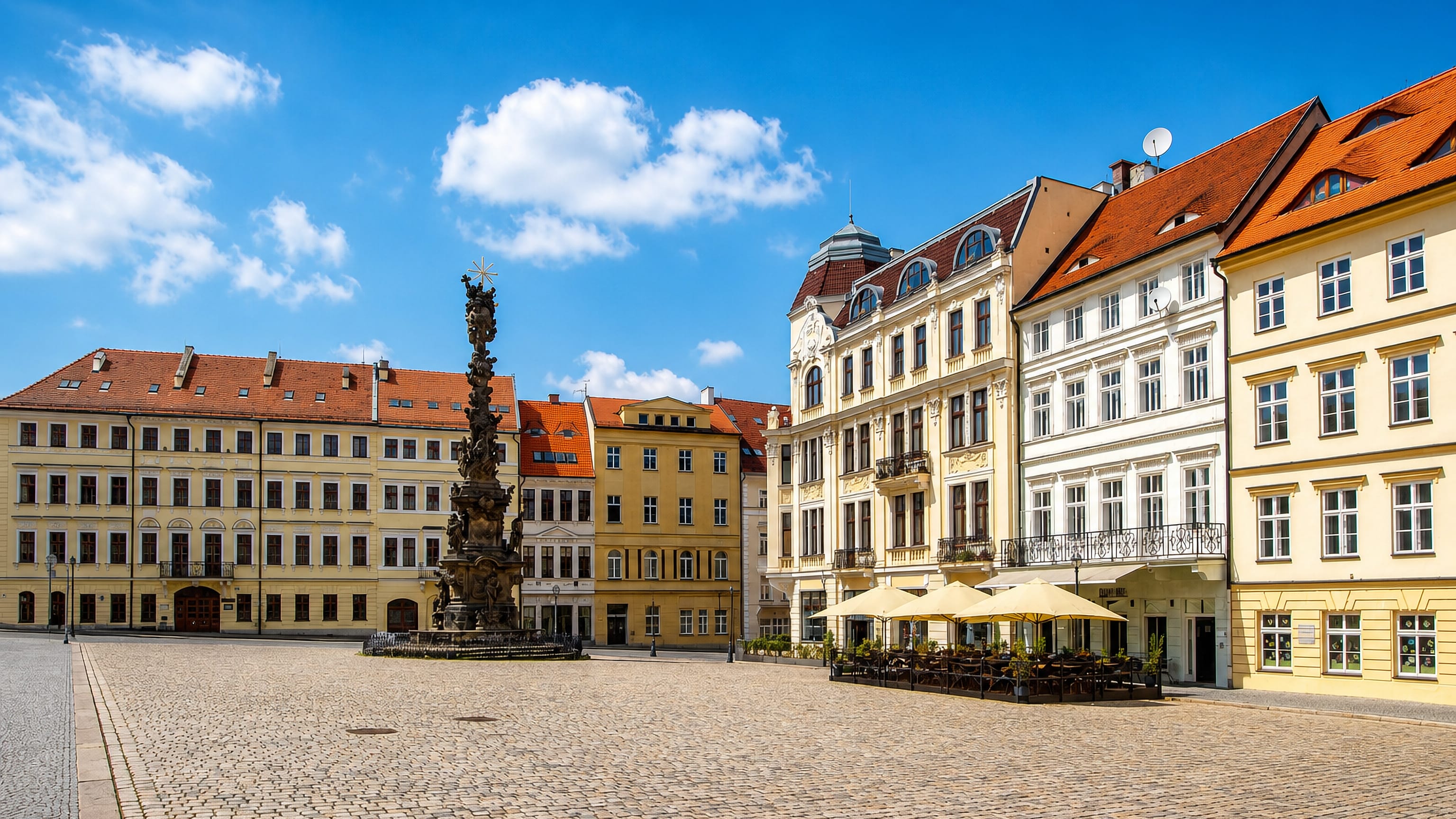 Baroque pastel facades and a Holy Trinity plague column ring the cobbled main square in Teplice.