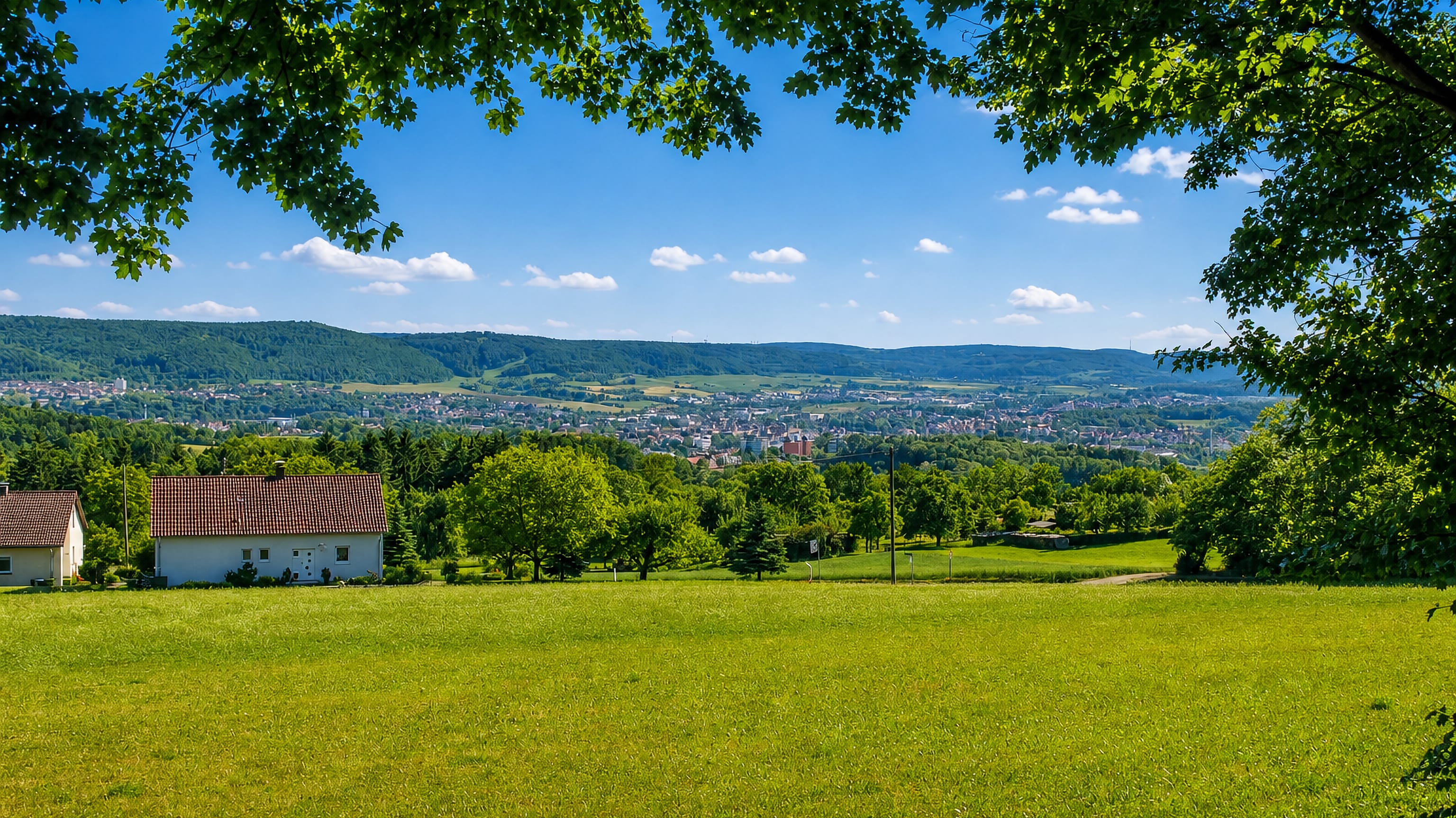 Aalen set in its wooded valley in Baden-Württemberg, viewed across a sunlit meadow framed by leafy branches