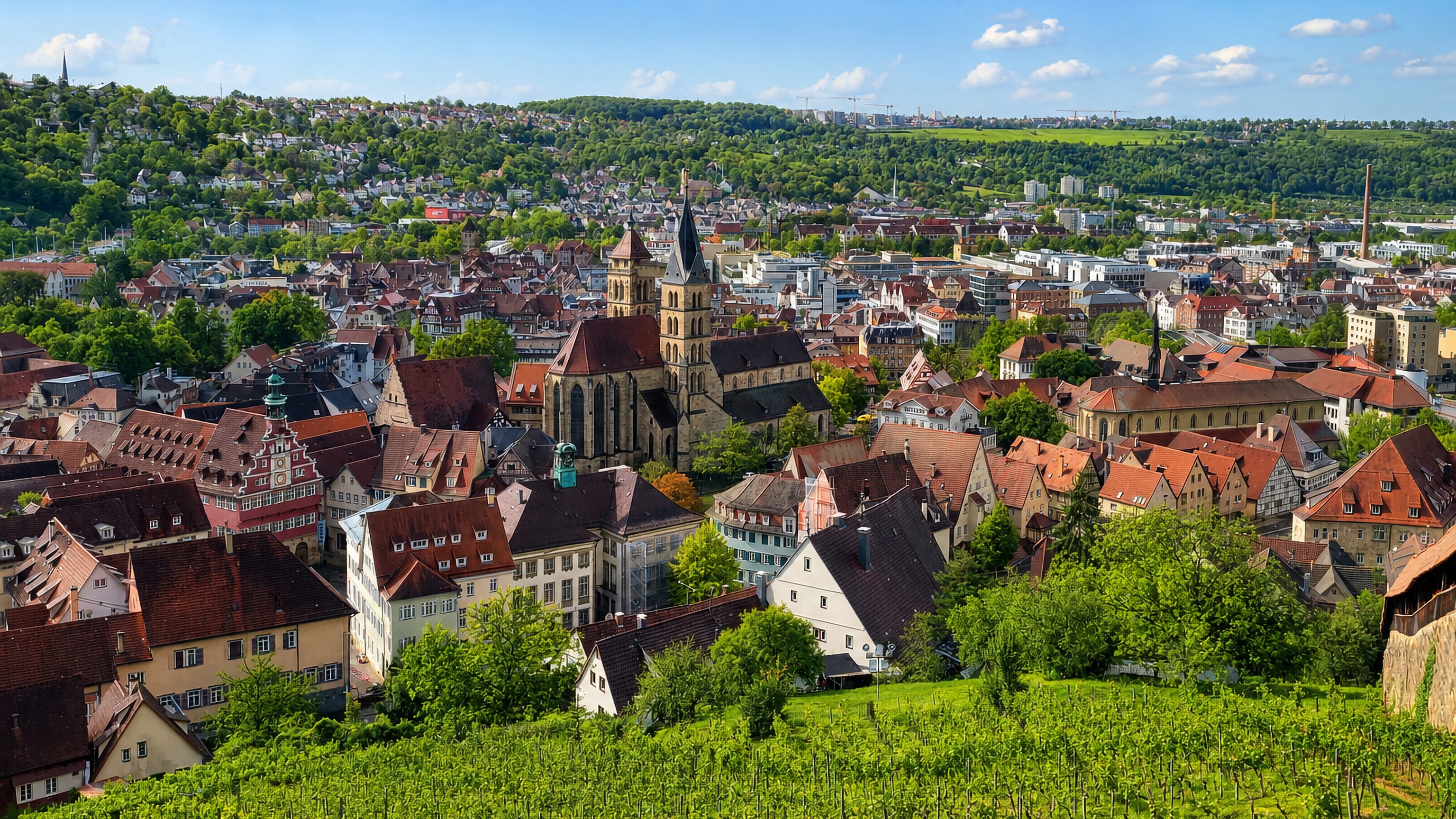 Vineyard terraces above the old town of Esslingen am Neckar and the towers of Stadtkirche St Dionys