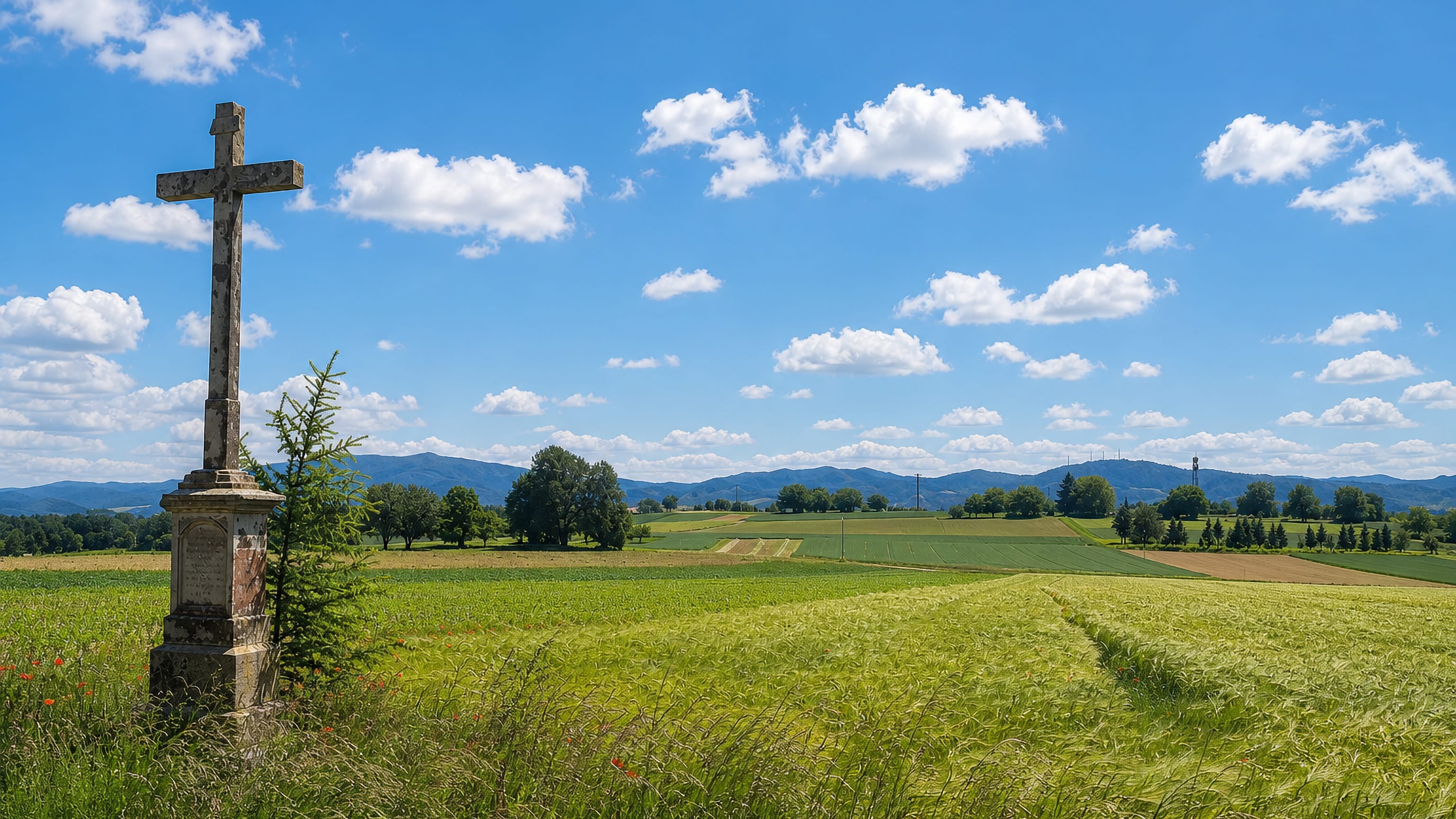 Stone wayside cross above ripening fields at Hochdorf near Freiburg, with the Black Forest hills beyond