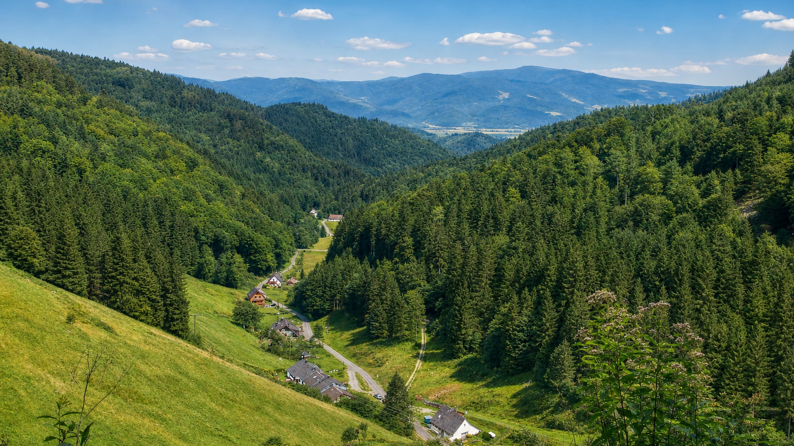 Forested Black Forest valley with meadows and scattered farms at Kappel, a district of Freiburg.