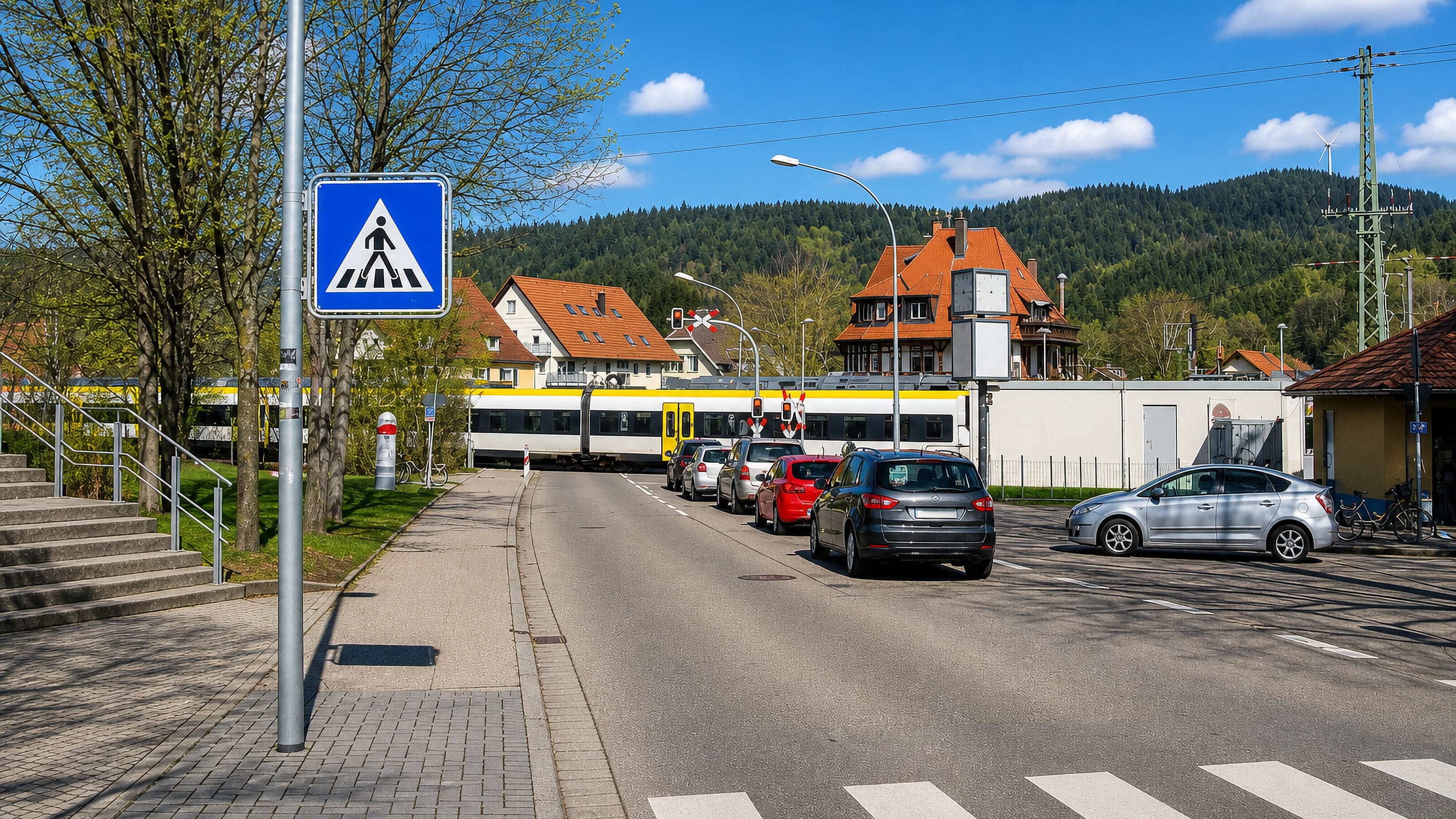 Yellow regional train at the level crossing in Littenweiler, Freiburg, with Black Forest ridges behind