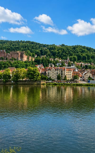 Heidelberg, Germany, with its hilltop castle, Old Bridge, and the Neckar River below forested hills.