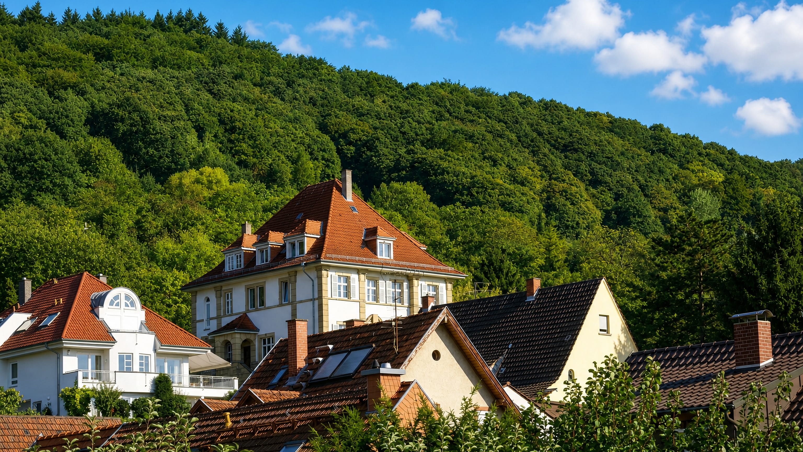 Red-tiled villas and gabled houses below the wooded Heiligenberg slope in Handschuhsheim, Heidelberg.